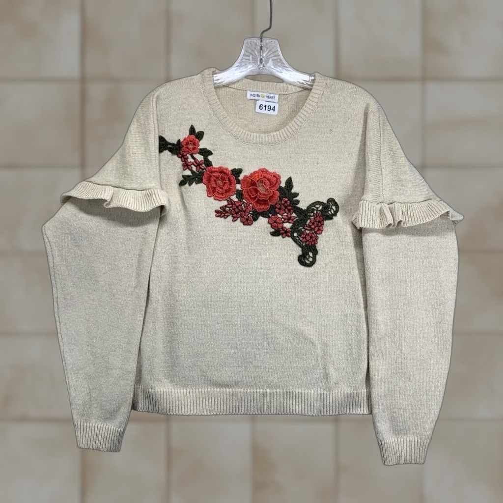Vintage Woven Heart Women's Sweater Large Floral Embroidered Ruffle Sleeve Cropped All Seasons Bohemian Size L / US 10 / IT 46 - 1 Thumbnail