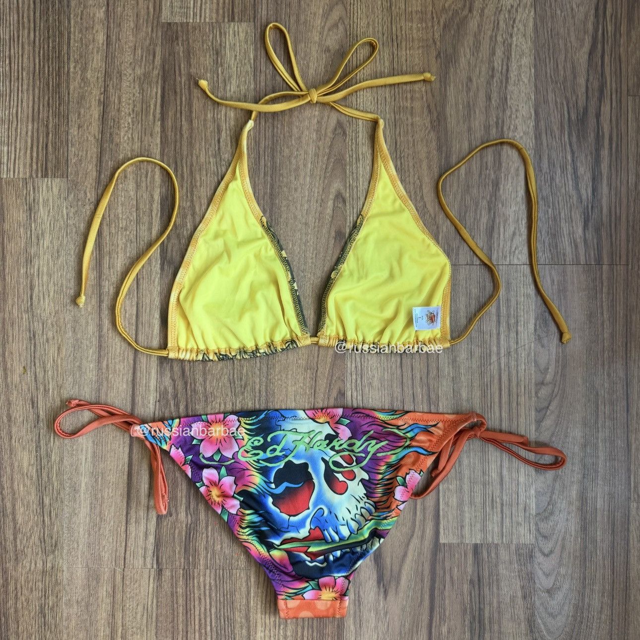 Ed Hardy ED HARDY Vintage Y2K Yellow Orange Floral Skulls Bikini Set Size L / US 10 / IT 46 - 7 Thumbnail