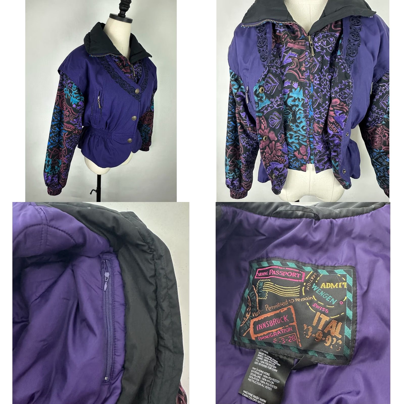 Vintage VINTAGE Skiing Passport Jacket Womens XS 90s Bohemian Paisley Embroidered Puffer Purple Size XS / US 0-2 / IT 36-38 - 9 Thumbnail