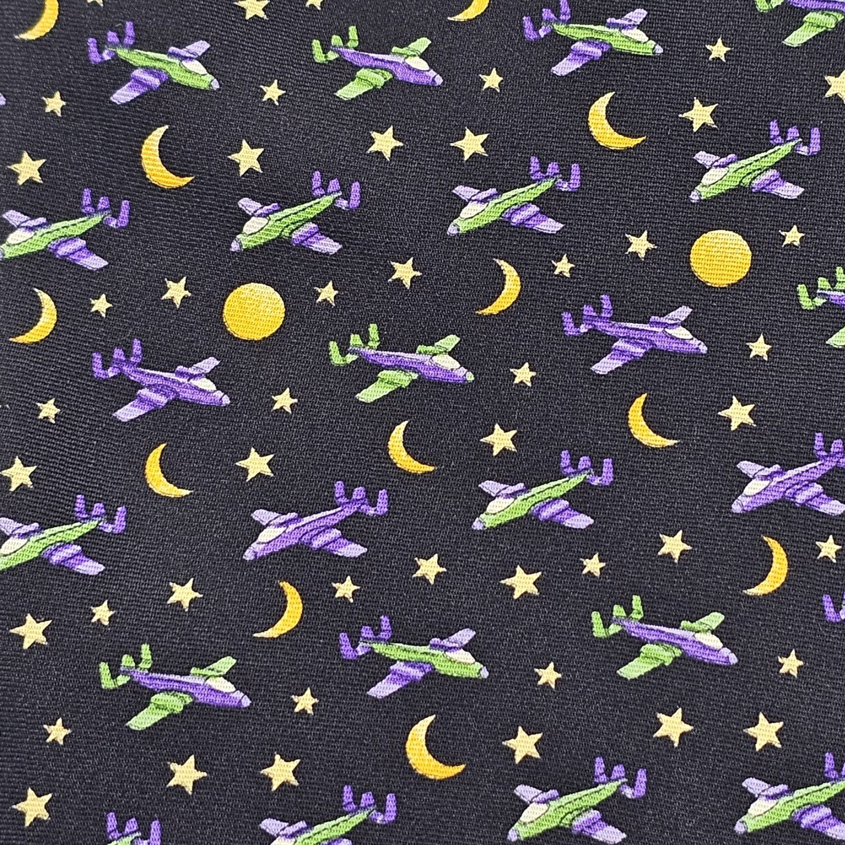 Robert Talbott Robert Talbott Silk Necktie Men's Airplane Black Purple Green Gold Moon Stars 58" X 4" Multicolor Night Sky Abstract Aerospace Designer Tie Mens Size ONE SIZE - 2 Thumbnail