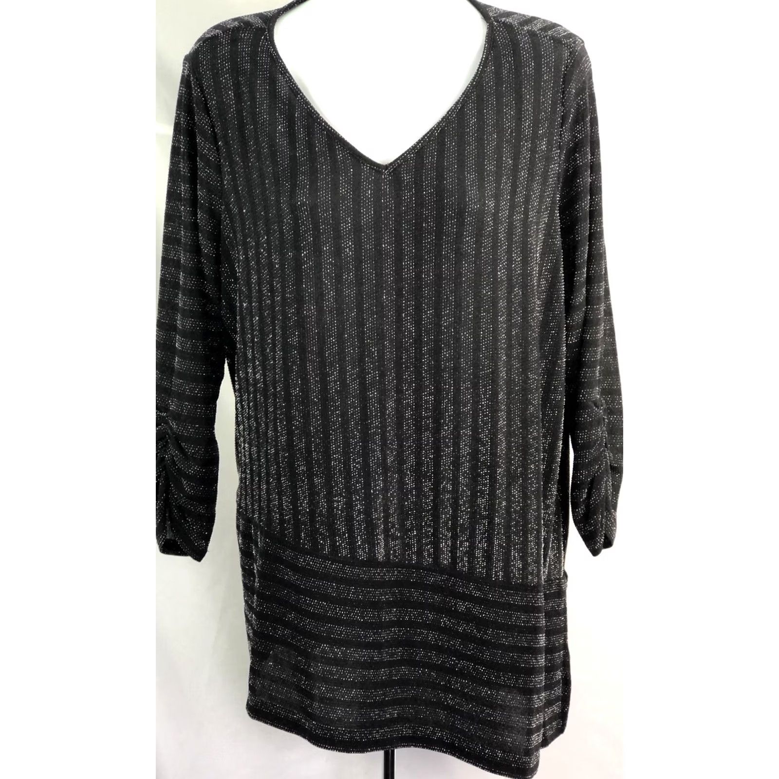 Vintage Roz & Ali Tunic Blouse L Black V-Neck 3/4 Sleeve Ruched Asymmetrical Hem Whimsigoth Women Size L / US 10 / IT 46 - 6 Thumbnail