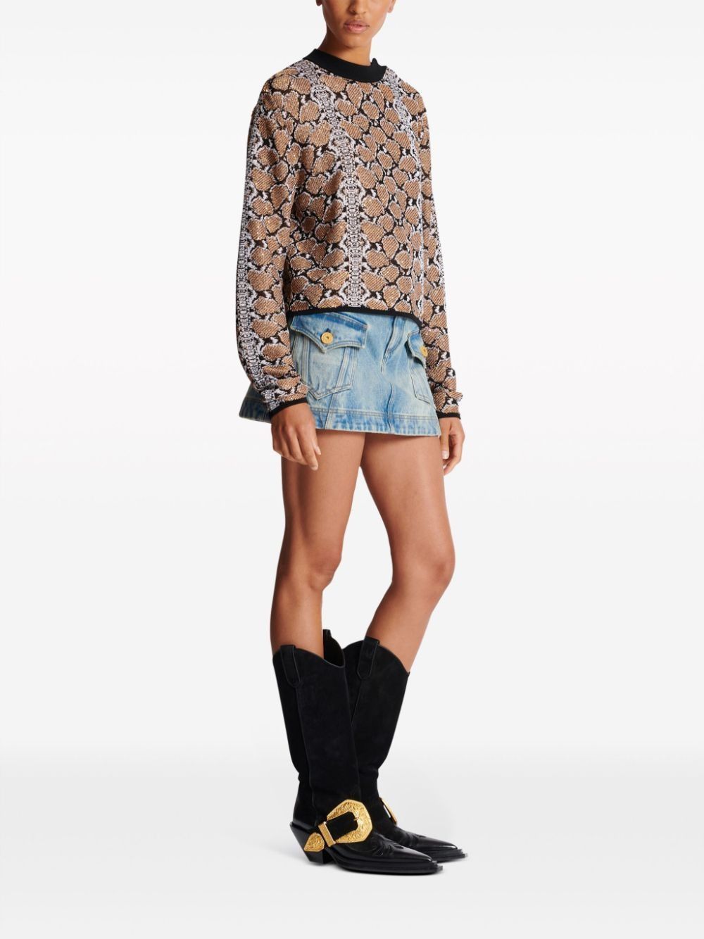 Balmain o1s1wg110825 Python Jacquard Jumper in Brown Size S / US 4 / IT 40 - 2 Thumbnail