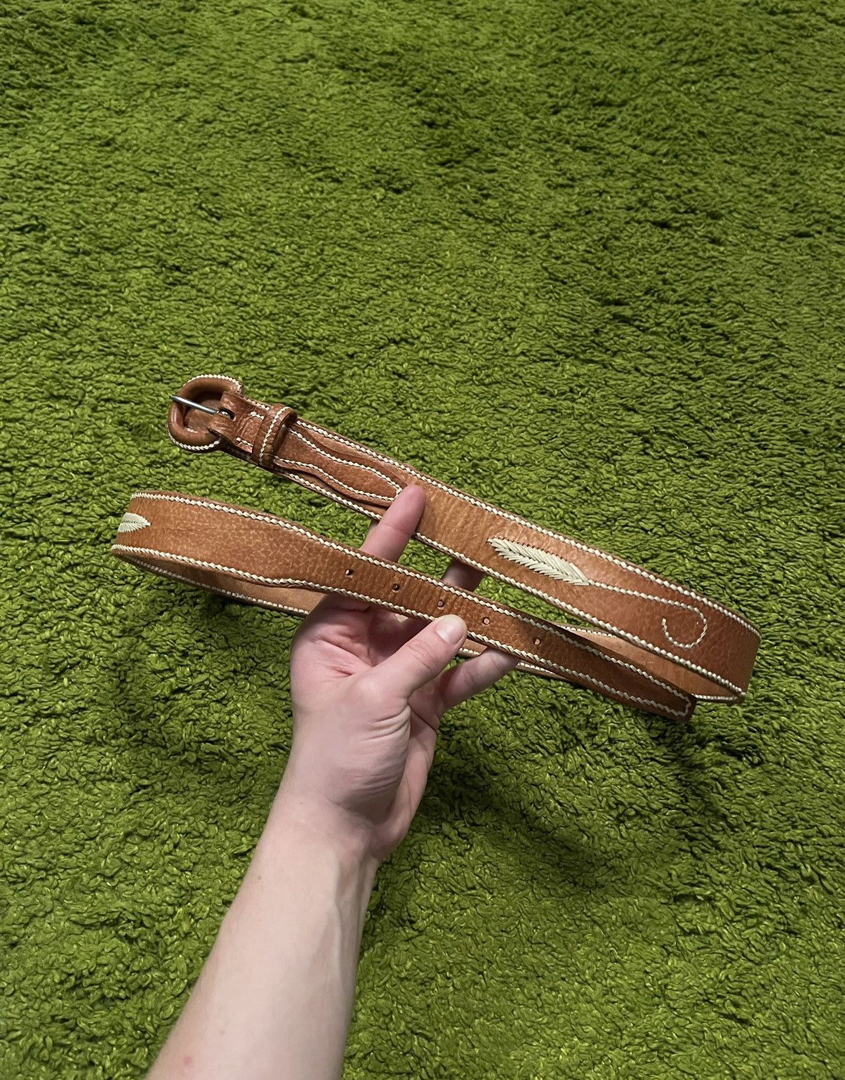 Cowboy Equipment × Genuine Leather × Vintage Western Cowboy style real leather embroidered vintage belt Size 36 - 1 Thumbnail