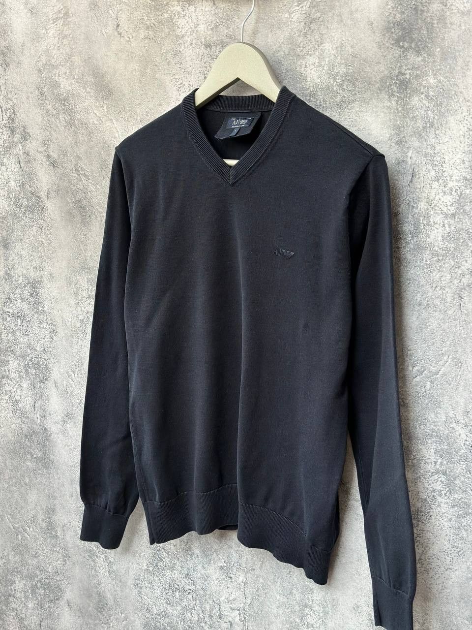 Armani × Vintage Armani Jeans Vintage V-Neck Sweater Long Sleeve Black Jumper Size US L / EU 52-54 / 3 - 1 Thumbnail