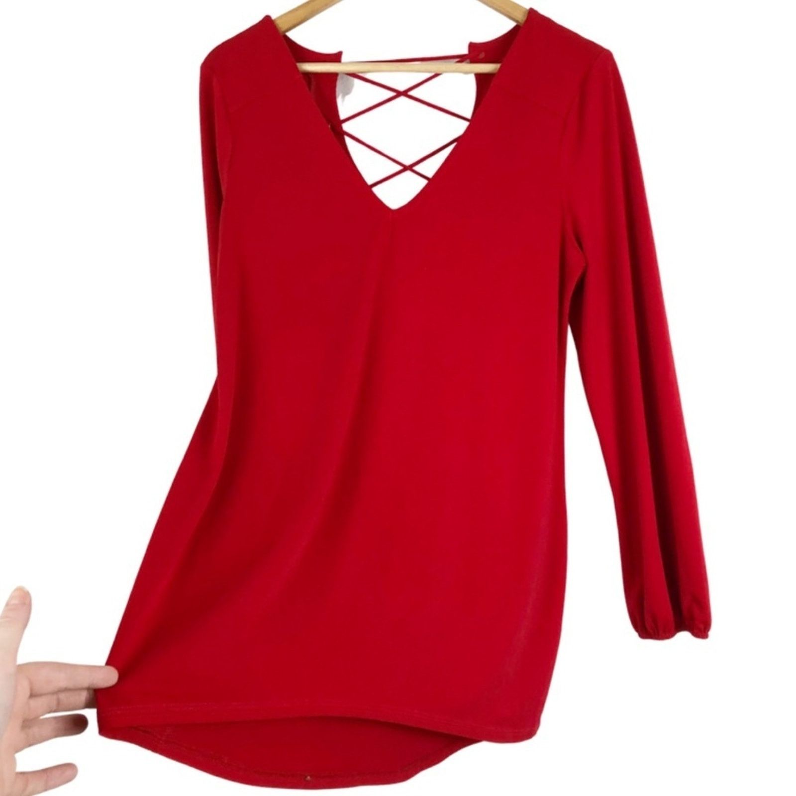 Express Express Women’s Red Lace Up Long Sleeve Sexy Blouse Size M / US 6-8 / IT 42-44 - 2 Thumbnail