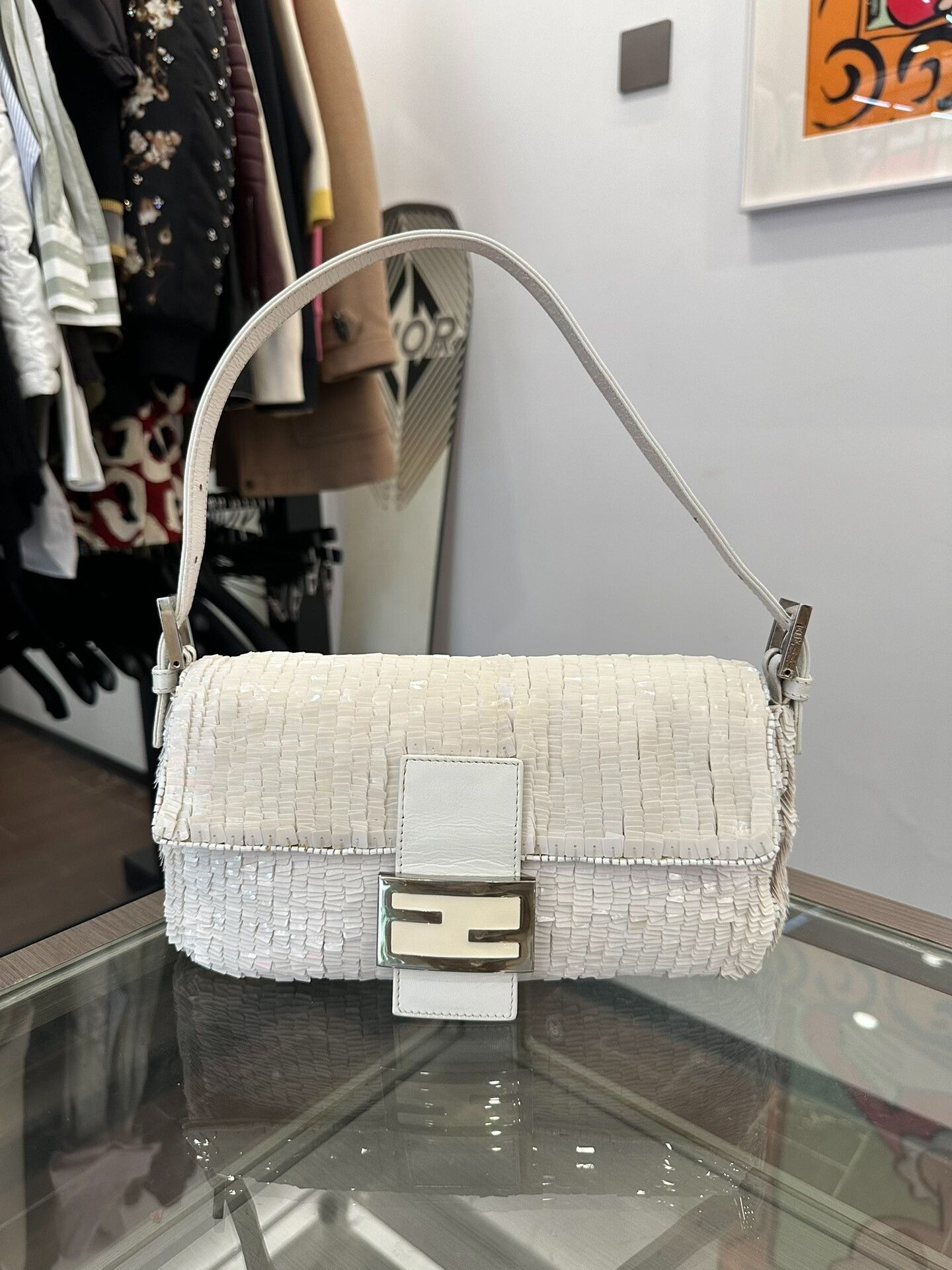 Fendi Fendi Baguette White Sequin Handbag 26cm Size ONE SIZE - 1 Thumbnail
