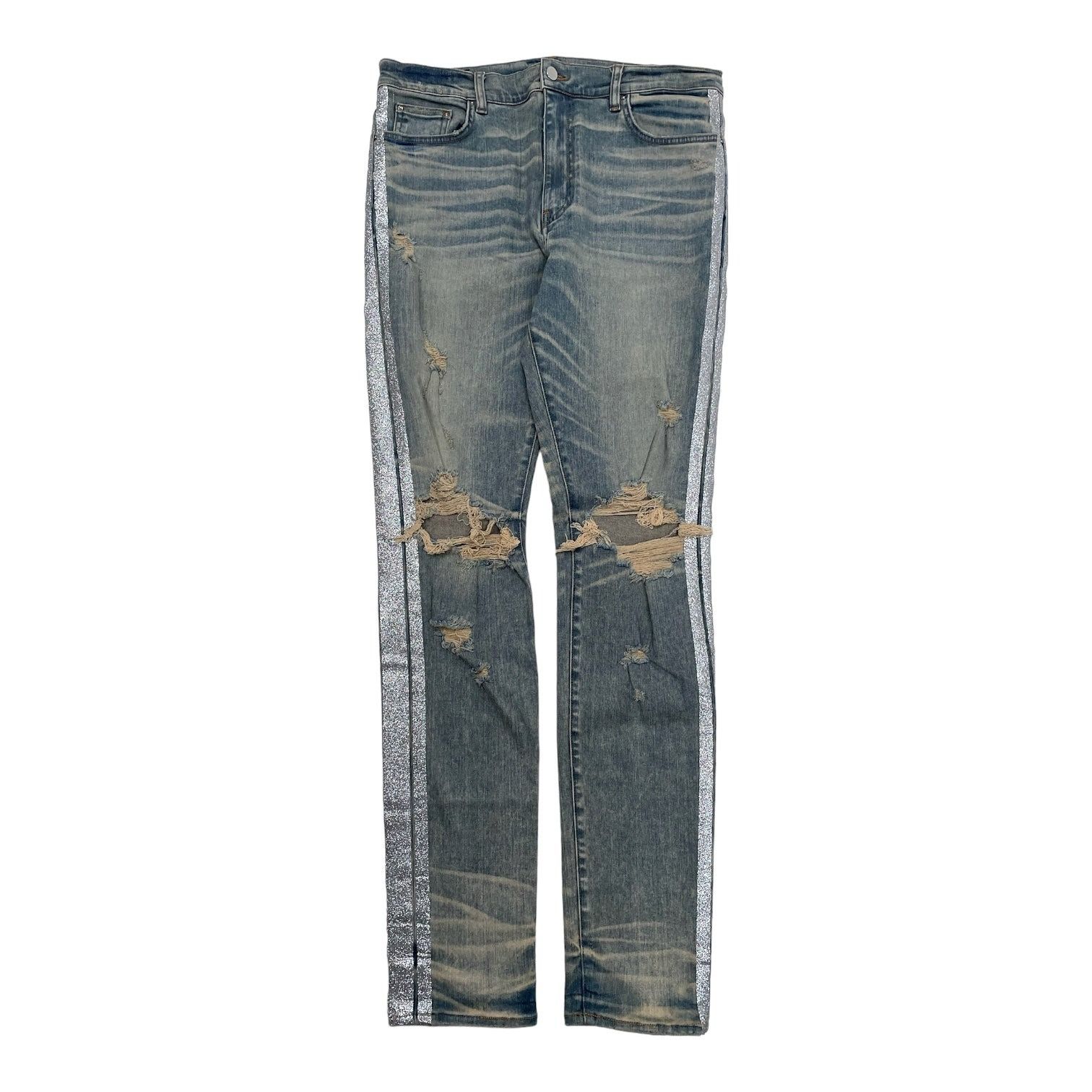 Image of Amiri Silver Glitter Broken Track Jeans Dirty Indigo, Men's (Size 38)