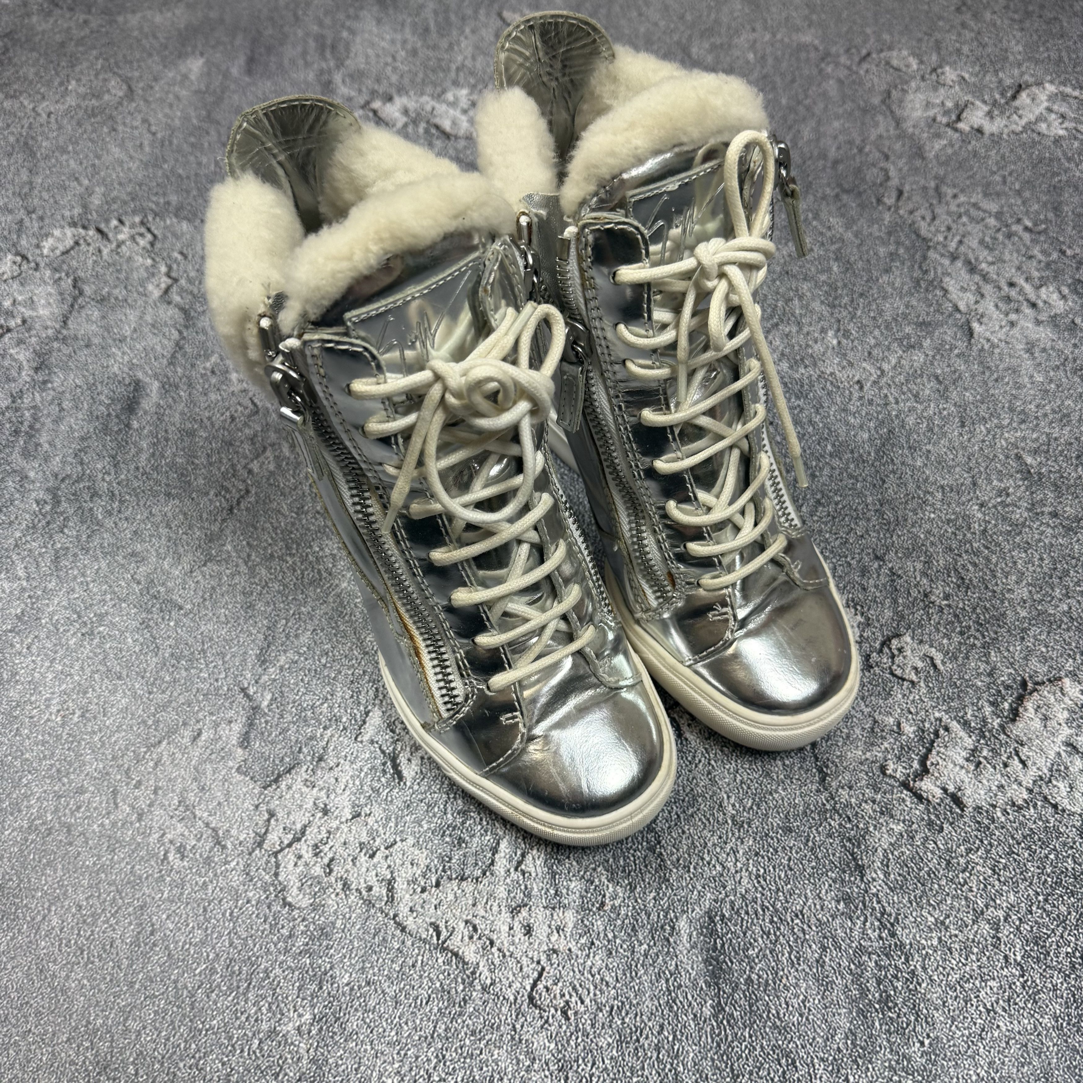 Giuseppe Zanotti RRP $1100+ Giuseppe Zanotti Mirror Silver Hi Top Sneakers Size US 5 / EU 37 - 1 Thumbnail