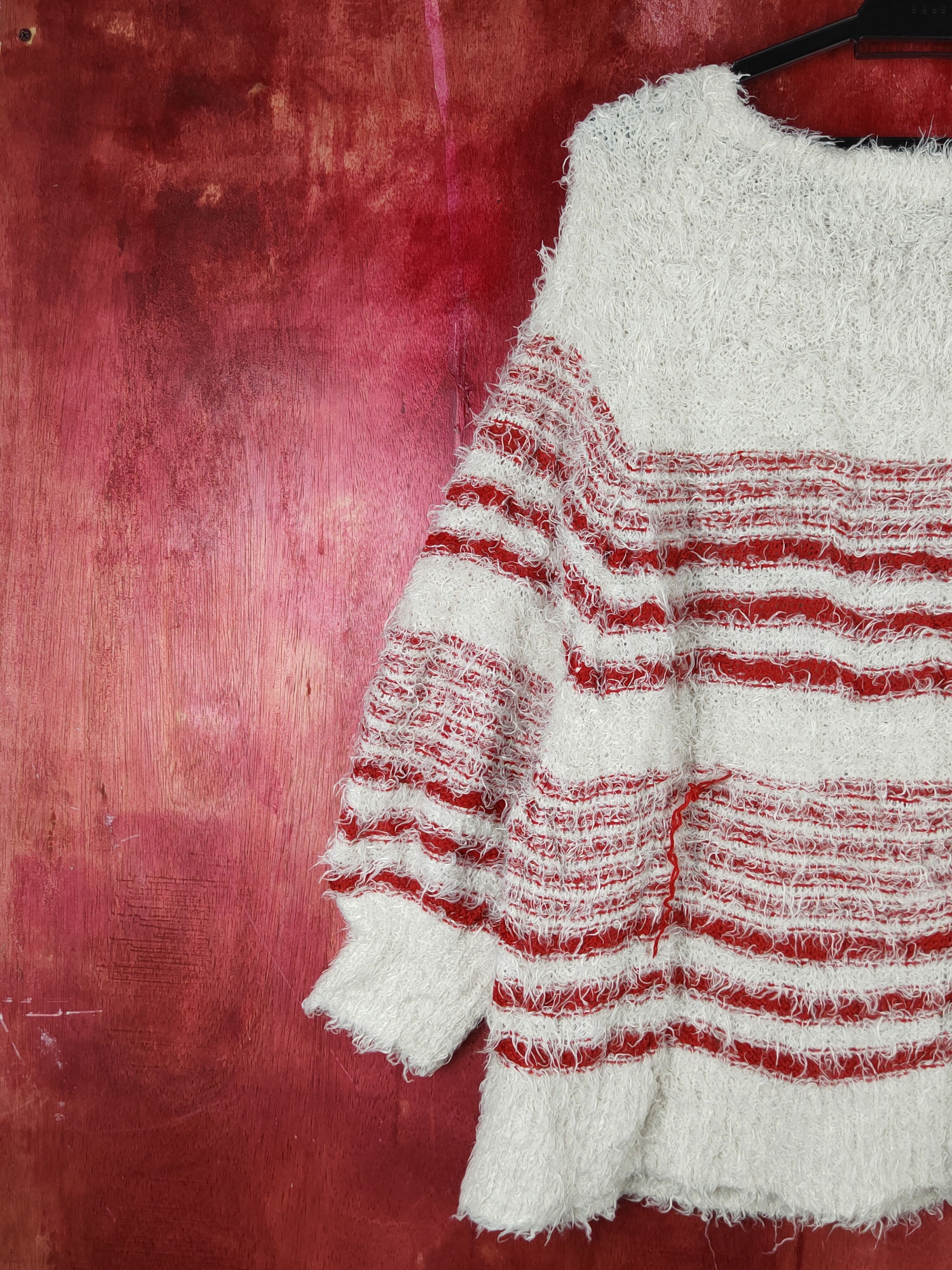 Homespun Knitwear Jeanasis Red White Shag Shaggy Fur Mohair Knitwear #S1936 Size L / US 10 / IT 46 - 8 Thumbnail
