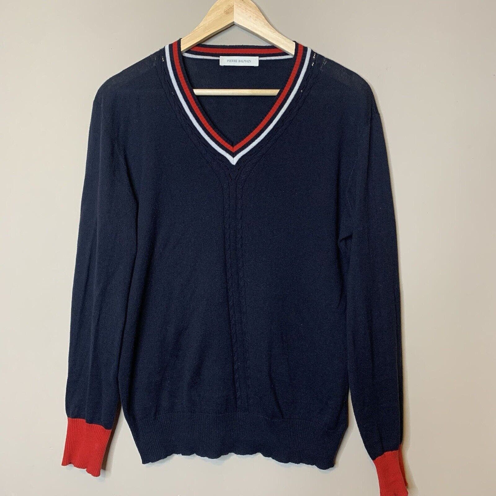 image of Pierre Balmain Knit Sweater Size 50 Blue Red White V-Neck, Women's