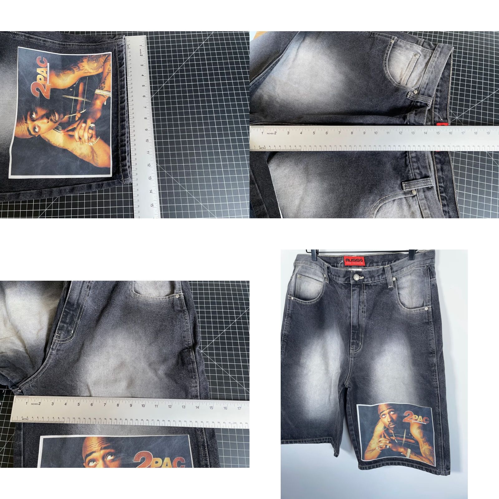 Denime VINTAGE Russo 2Pac Jeans Shorts Denim Hip Hop Retro 90s 5-Pocket 100% Cotton Black Adult Mens 36-38 Slim Baggy Fit 13 Inseam Size US 36 / EU 52 - 8 Thumbnail
