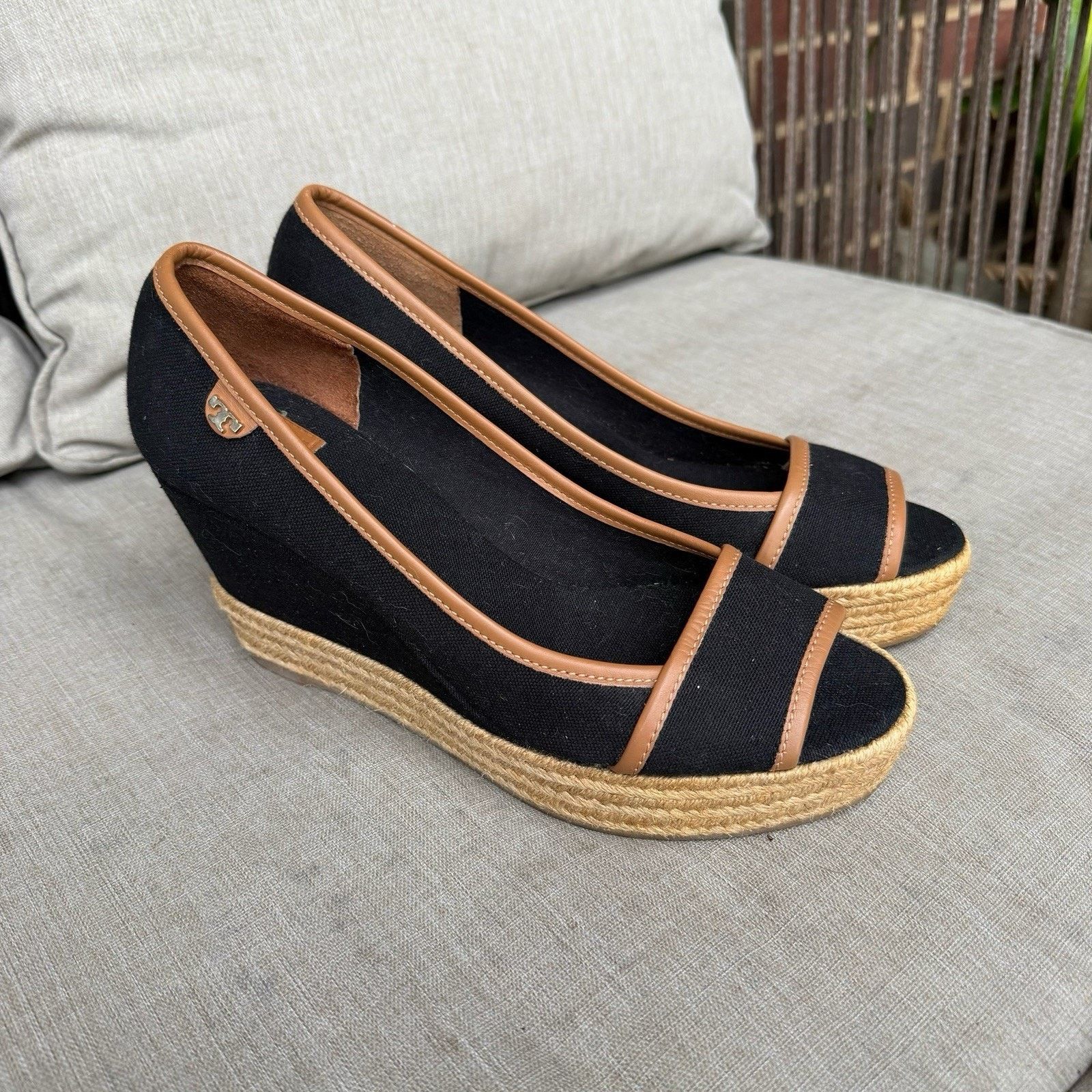 Tory Burch TORY BURCH Majorca Canvas Leather Sandal Pump 9.5 Black Tan Size US 9.5 / IT 39.5 - 1 Thumbnail