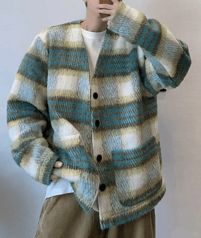 Outdoor retro vintage fluffy plaid fashion jacket