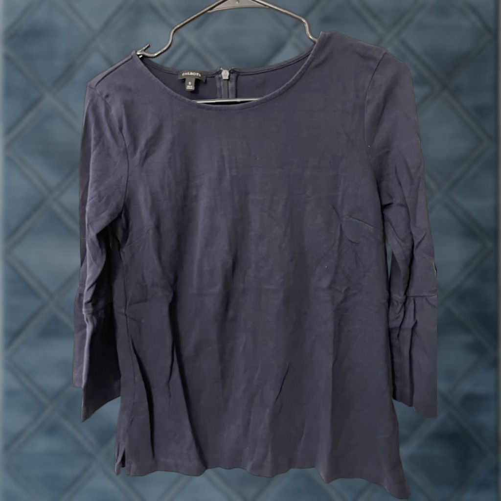 Talbots VINTAGE Talbots Blouse Women Small Navy Flutter Sleeve 3/4 Zip Back Round Neck 100% Cotton Ruffle Zipper Womens Size S / US 4 / IT 40 - 1 Thumbnail