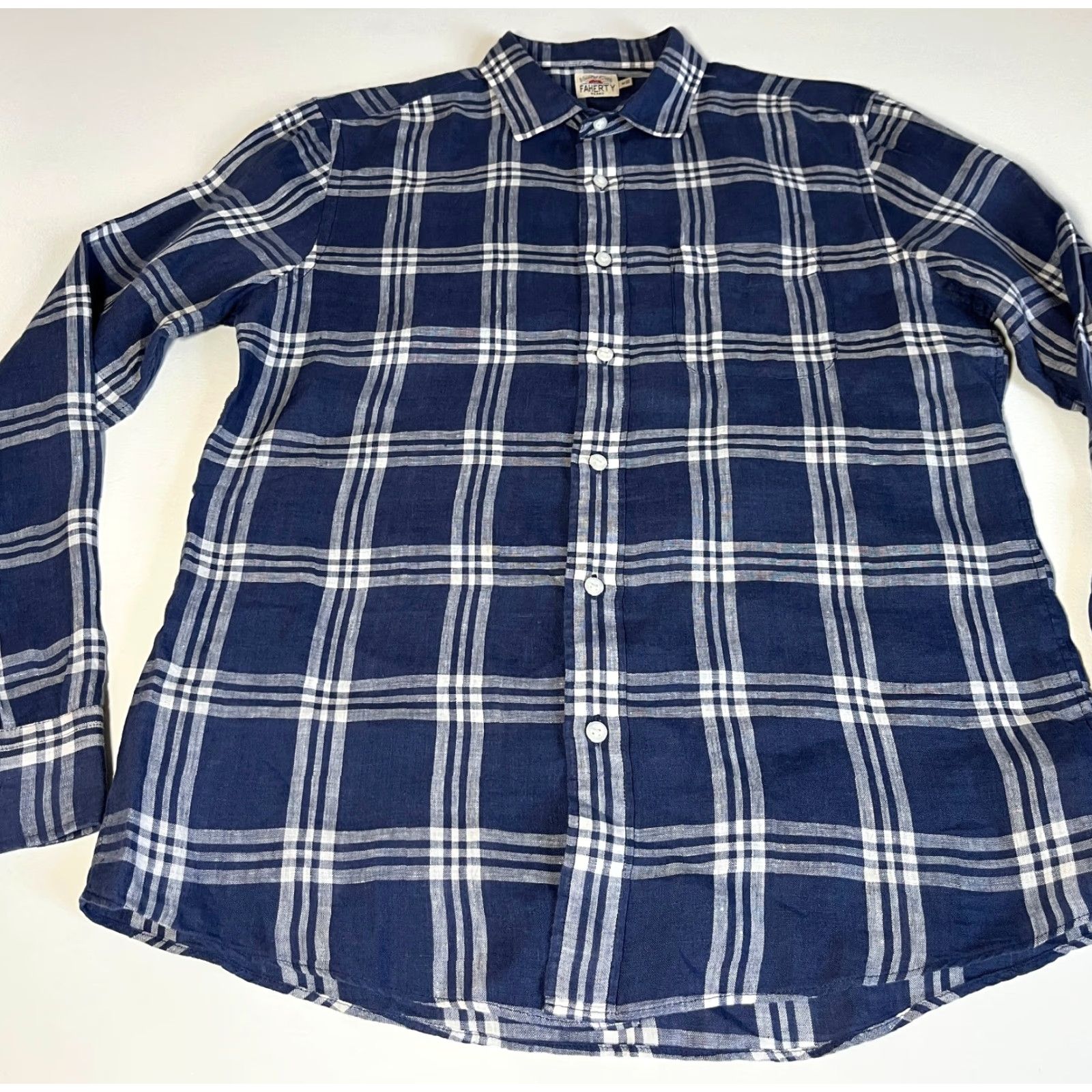 Faherty Faherty Men's Button-Up Linen Shirt Plaid Blue Sz M - Casual, Lightweight, Long Sleeve, Collared, 100% Linen, Regular Fit Size US M / EU 48-50 / 2 - 6 Thumbnail