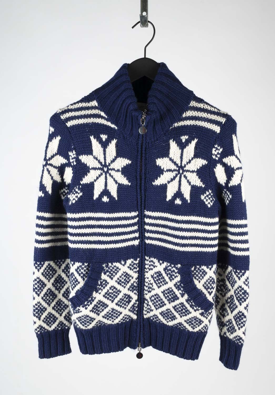 image of Moncler Men Full Zipped Wool Blue White Warm Sweater H4091 (Size Medium)