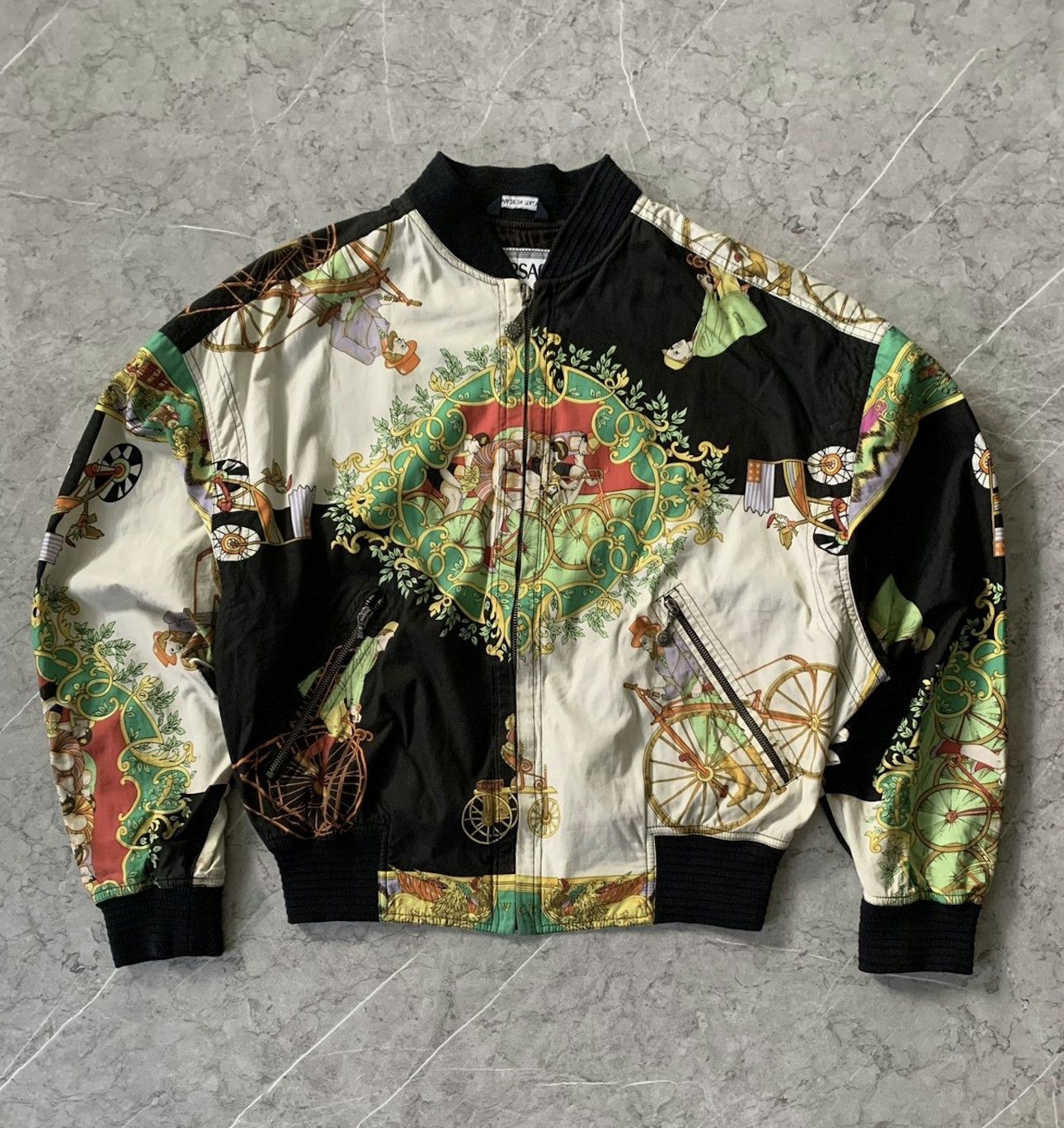 image of Versace Sport - Cyclist Overprint Baroque Jacket in Black/White/Green, Men's (Size Small)