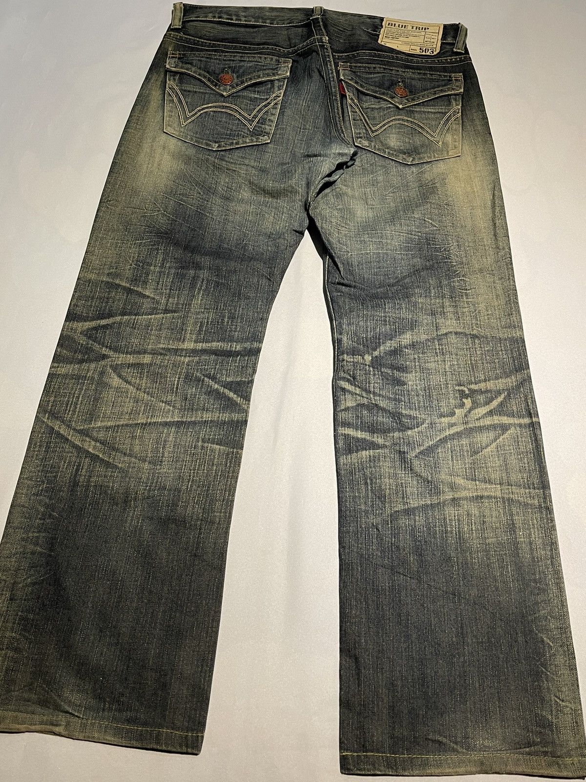 Edwin × Jean × Vintage RARE Edwin 503 Blue Trip Distressed Jeans Pant Size US 32 / EU 48 - 4 Thumbnail