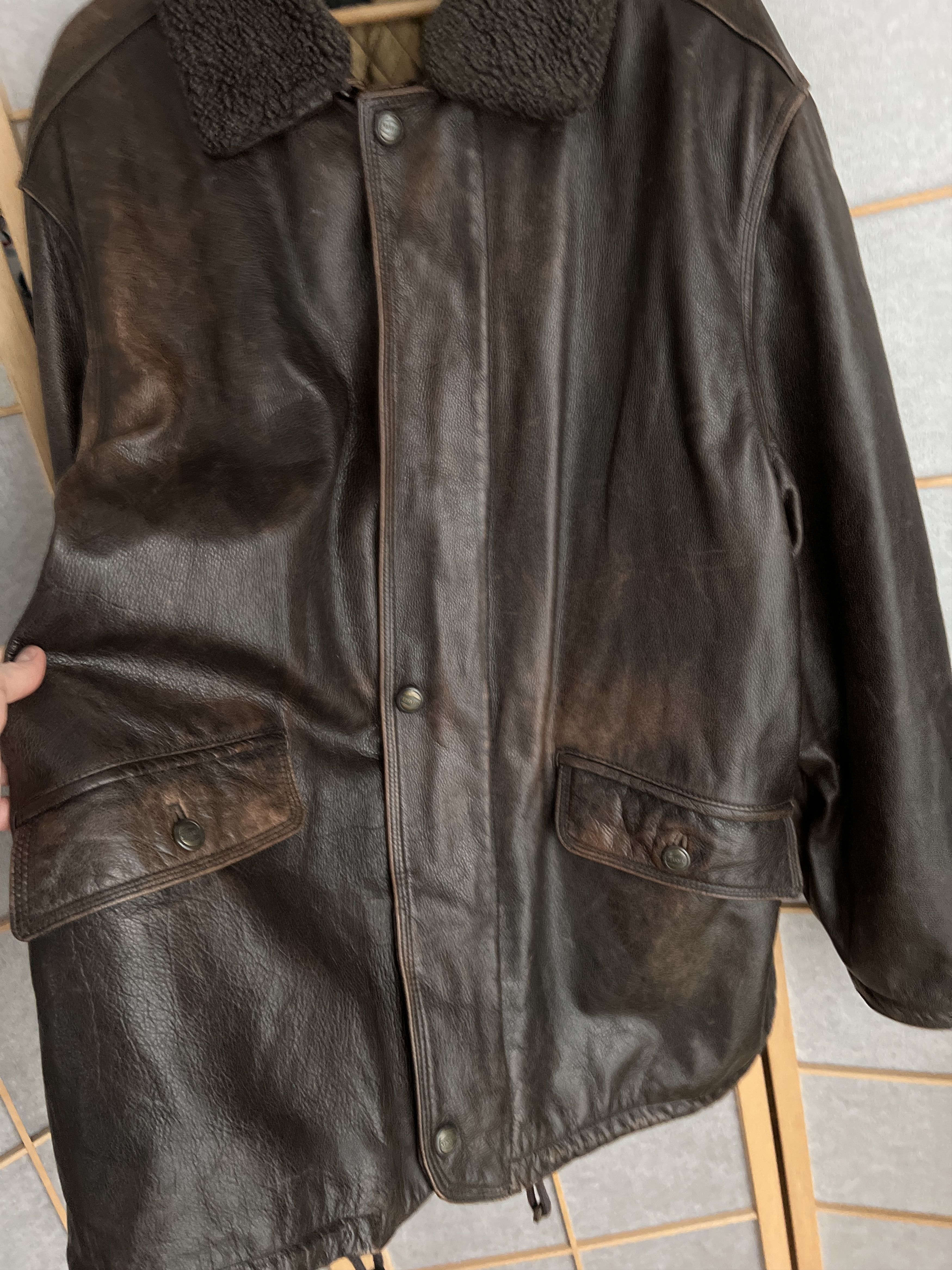 Other Crazy fit! VTG 90s Leather long hard coat jacket fur collar Size US XL / EU 56 / 4 - 14 Thumbnail