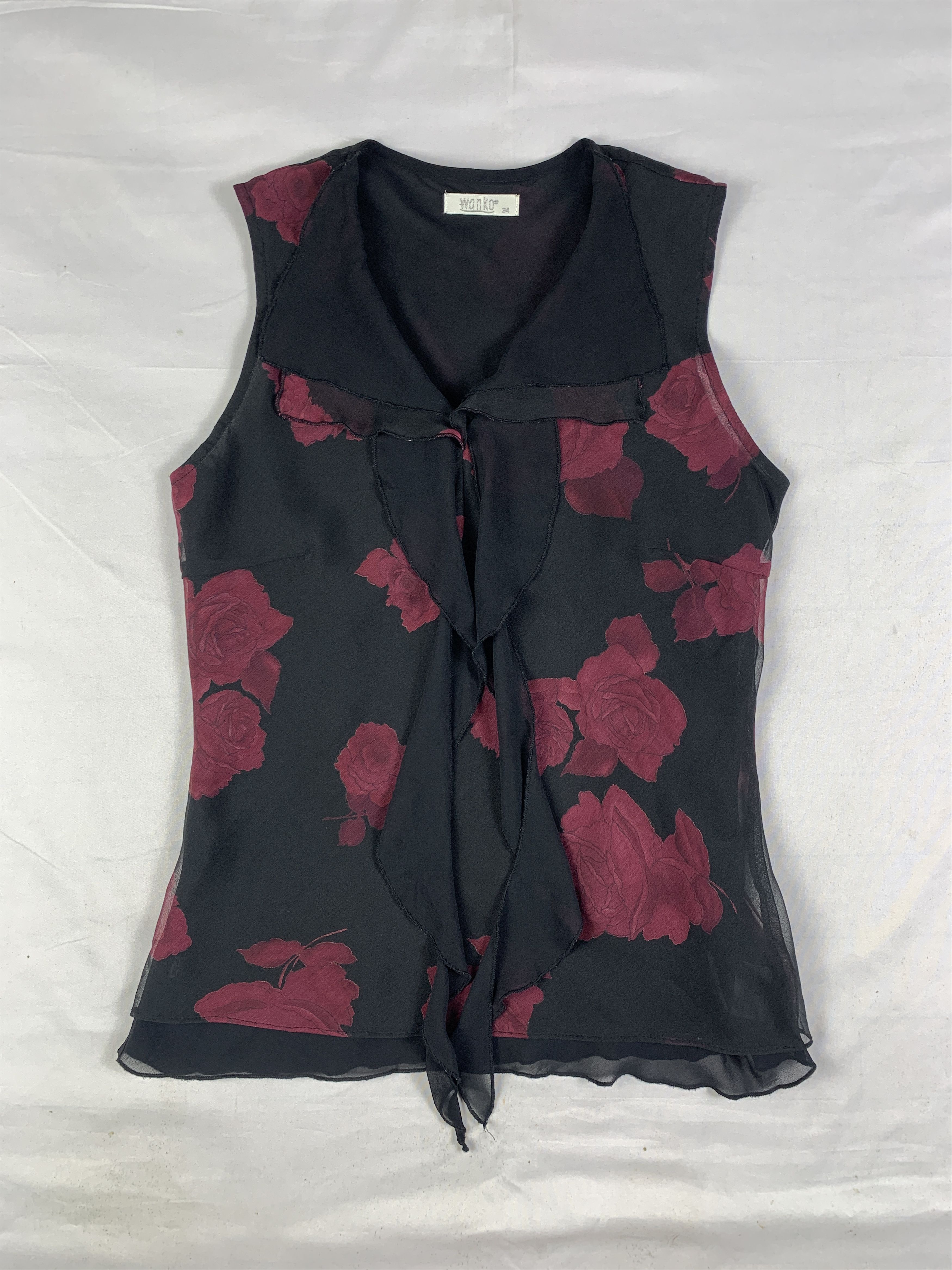 Japanese Brand Wanko Floral Ruffle Fitted Sleeveless Mesh Blouse (S) Size S / US 4 / IT 40 - 1 Thumbnail