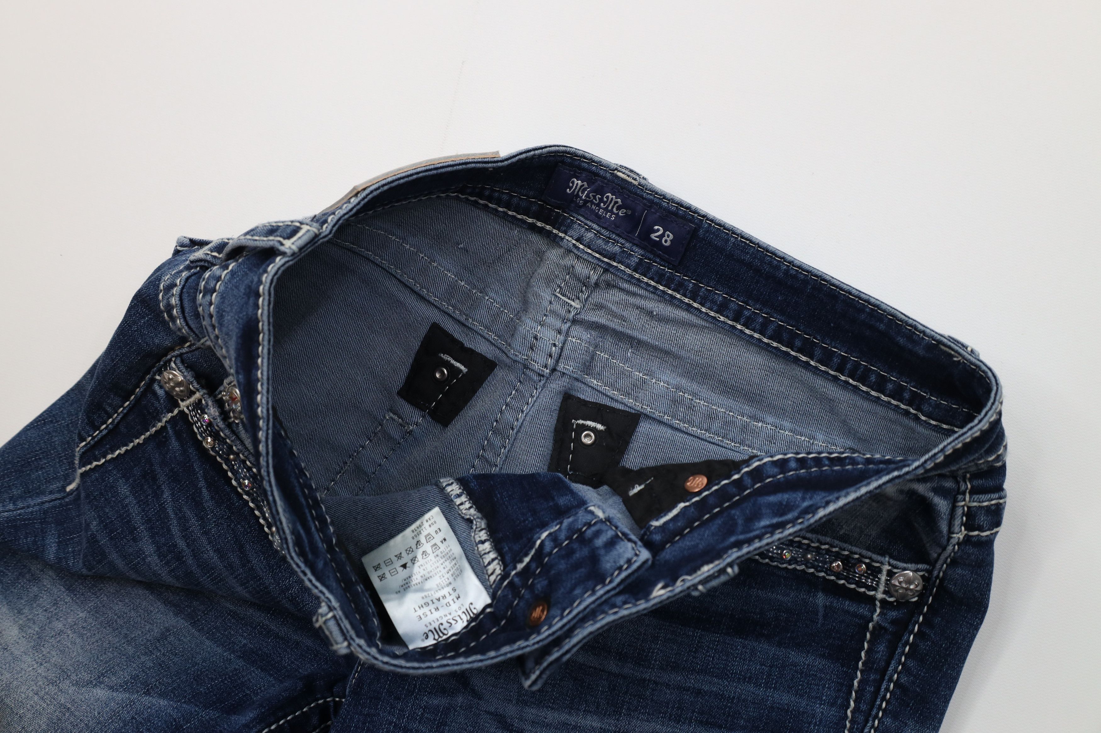 Miss Me Miss Me Mid Rise Straight Leg Jeweled Denim Jeans Stretch Size 28" / US 6 / IT 42 - 8 Thumbnail