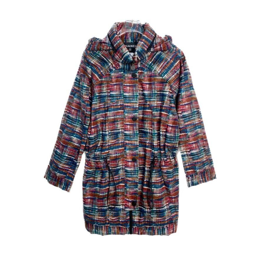 CHANEL Multicolor Tweed Hooded Coat With Drawstring Waist Si