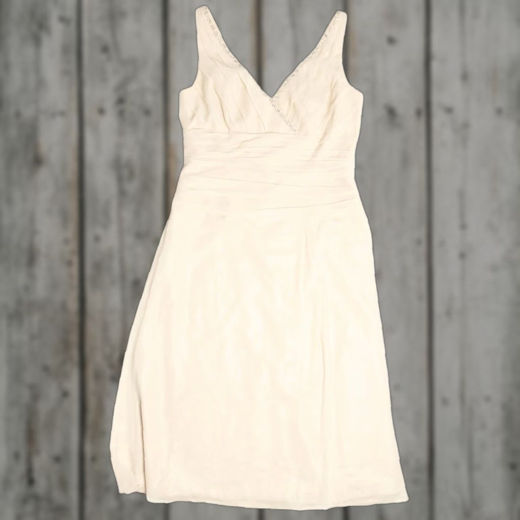 Vintage VINTAGE David's Bridal Beaded Shimmering V-Neck Ruched Dress Large Sz 12 Beige Size L / US 10 / IT 46 - 1 Thumbnail