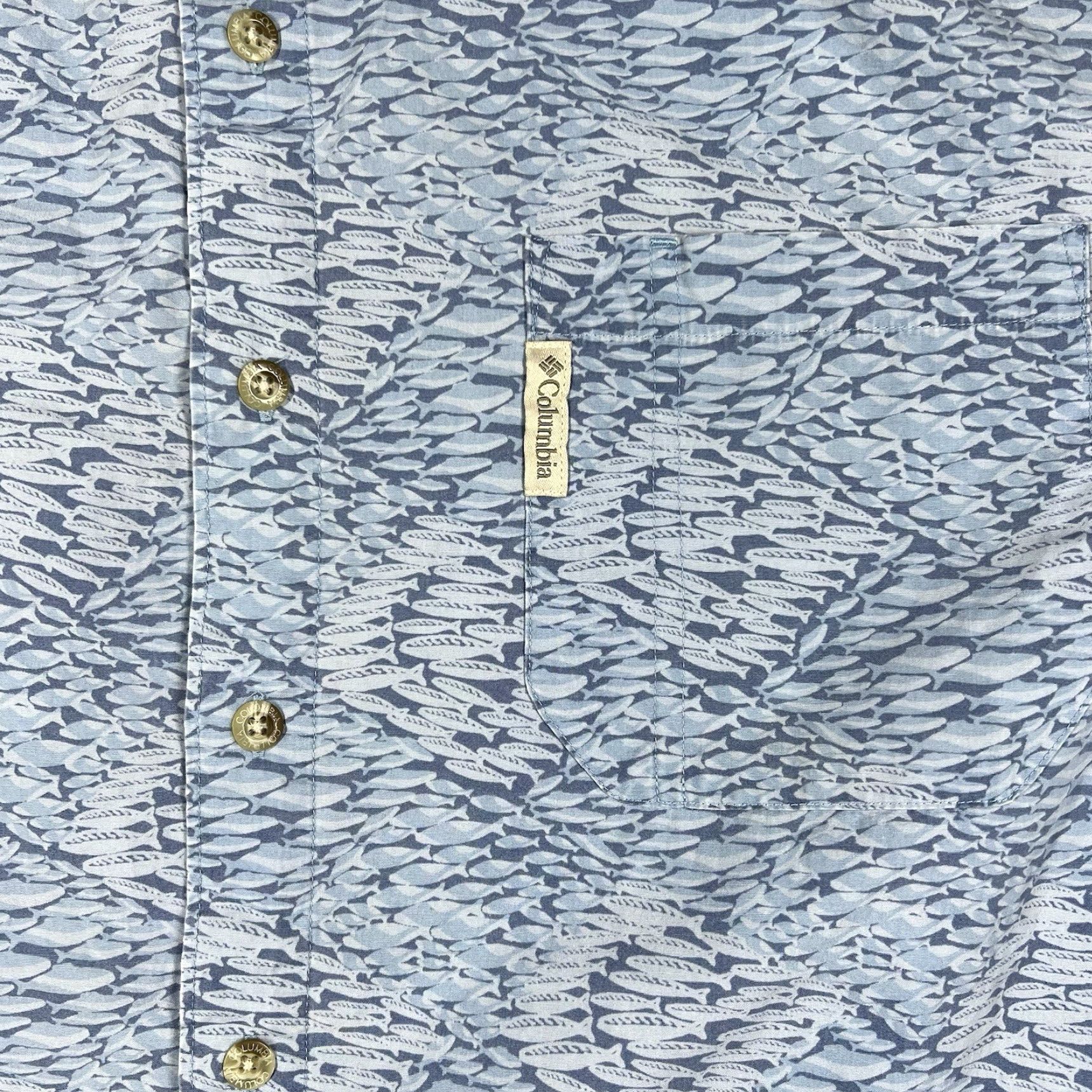 Vintage Columbia XCO Button Up Shirt Men’s Large Blue Fish All Over Print Casual Workwear Button-Down Collared Short Sleeve Pockets Cotton Vintage: No Size US L / EU 52-54 / 3 - 4 Thumbnail