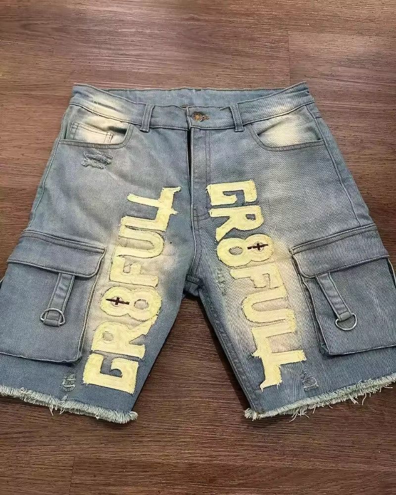 Letter Embroidery Tooling Denim Shorts