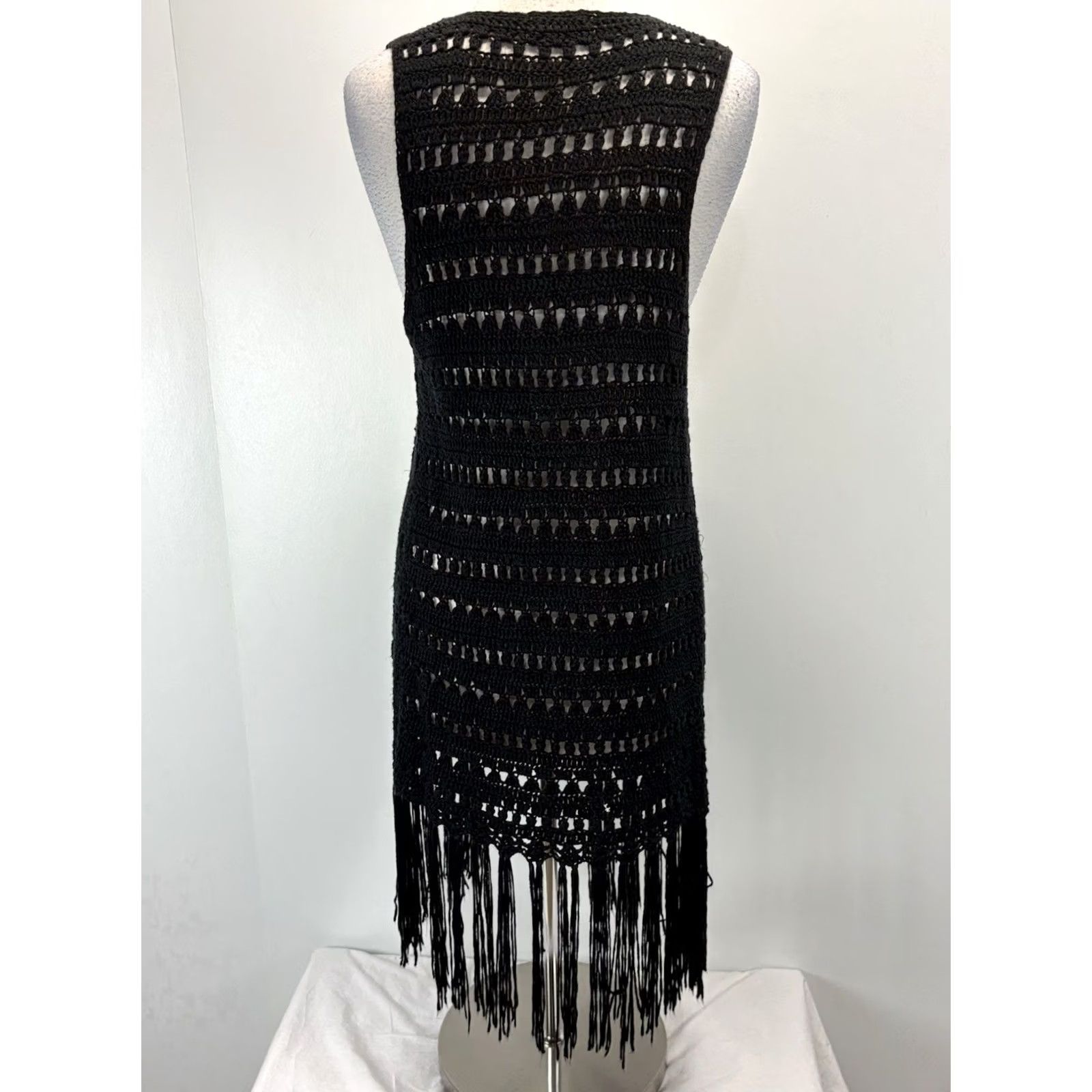Vintage Dani Collection Vest Crochet Fringe Black Women’s Small Festival Boho Hippie Duster Sleeveless Open Front Casual Travel Vintage No Size S / US 4 / IT 40 - 3 Thumbnail