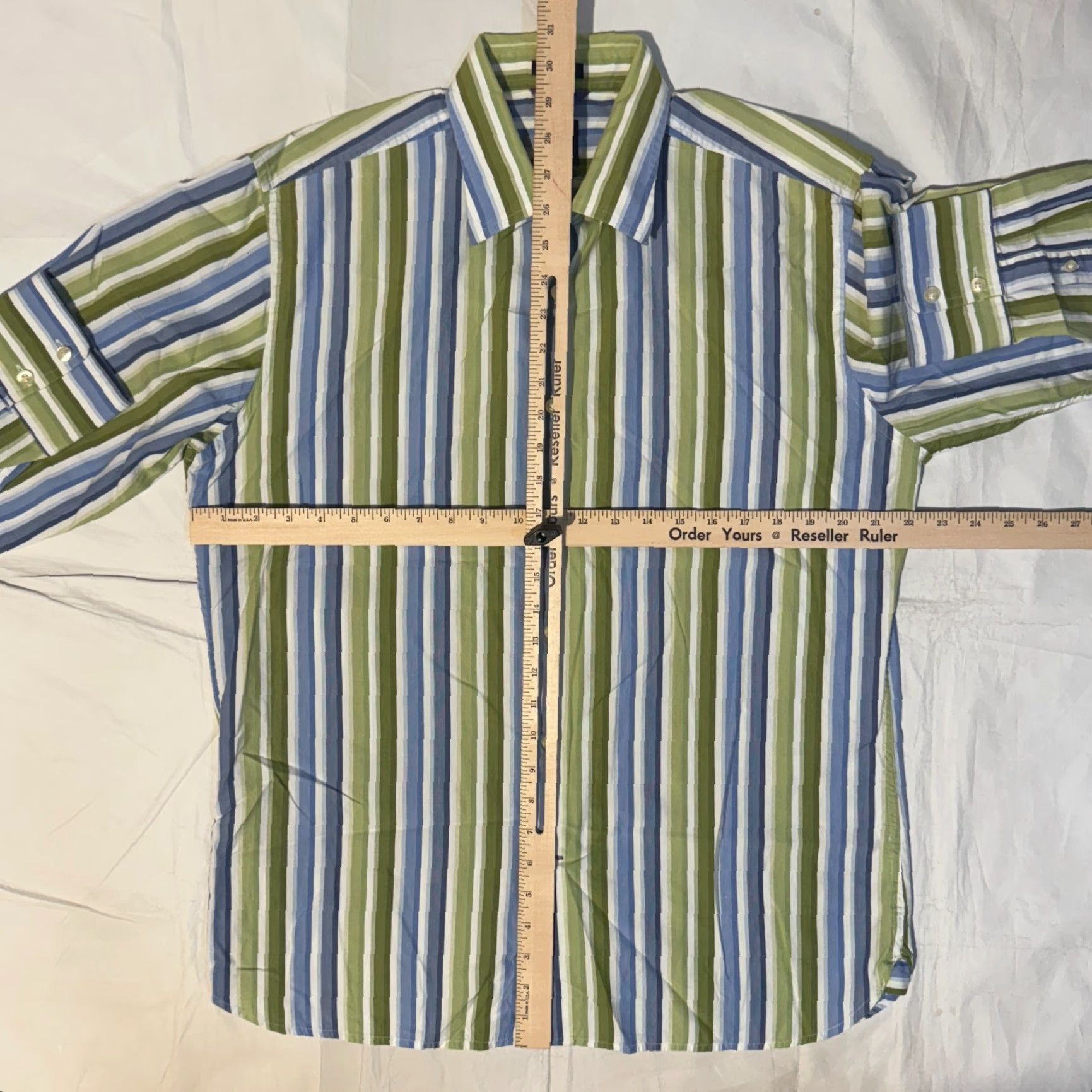 Gap GAP Button-Up Shirt Green & Blue Striped Long Sleeve L Men Regular Collared Knit Cotton Logo Embroidered Vintage No Size 42R - 4 Thumbnail