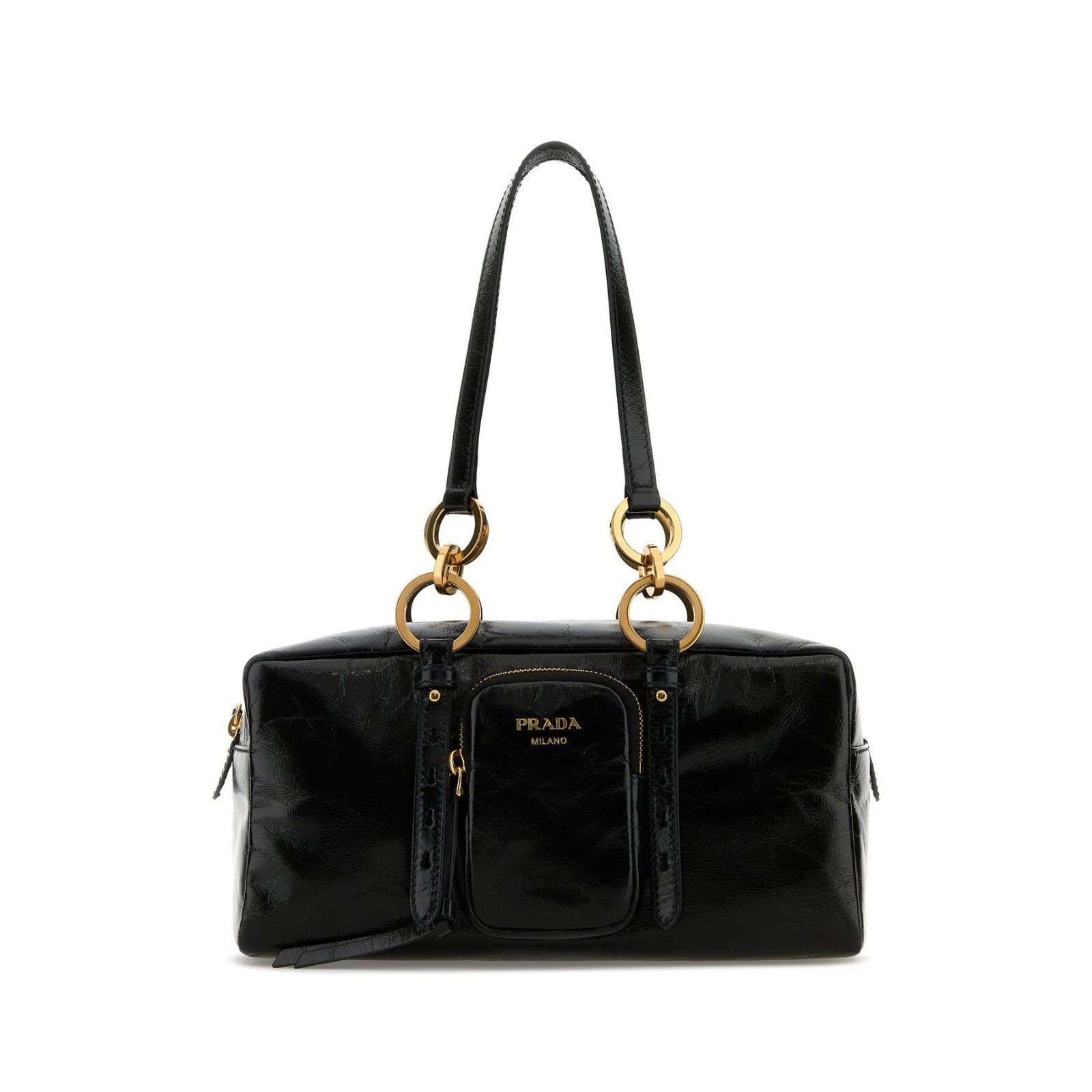 Prada PRADA Gold Ring Detail Black Leather Shoulder Bag New & Auth Size ONE SIZE - 1 Thumbnail