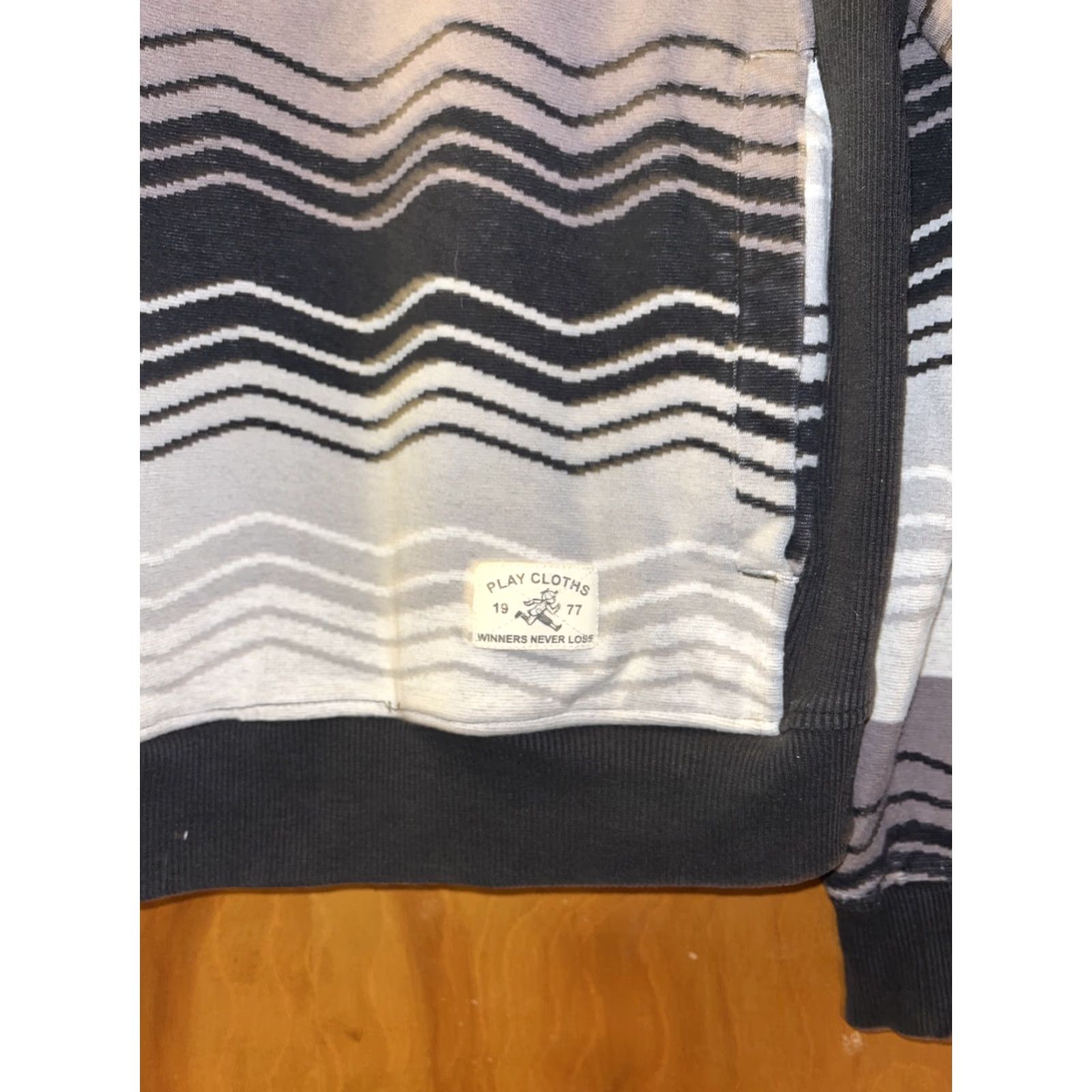 Vintage Play Cloths Mens Large Hooded Sweatshirt - Black Gray White Wavy Stripe Pullover Hip Hop Style Casual Winter Fall Spring Summer Size US L / EU 52-54 / 3 - 2 Thumbnail