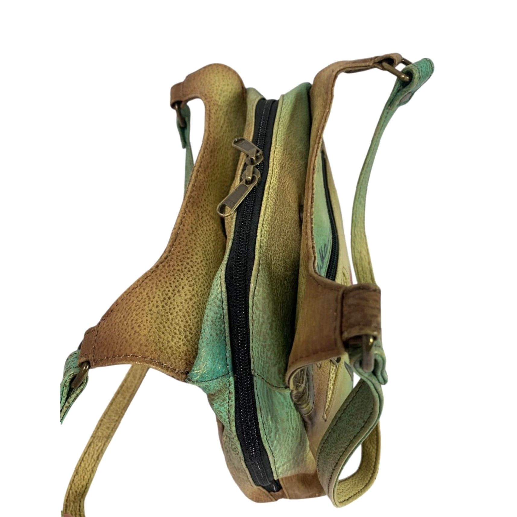 Vintage VINTAGE Anuschka Flower Leather 3 Compartment Shoulder Bag Hand-Painted USA Women Leather Shoulder Bag 9"h 10.5"l 3.25"d Green Size ONE SIZE - 7 Thumbnail