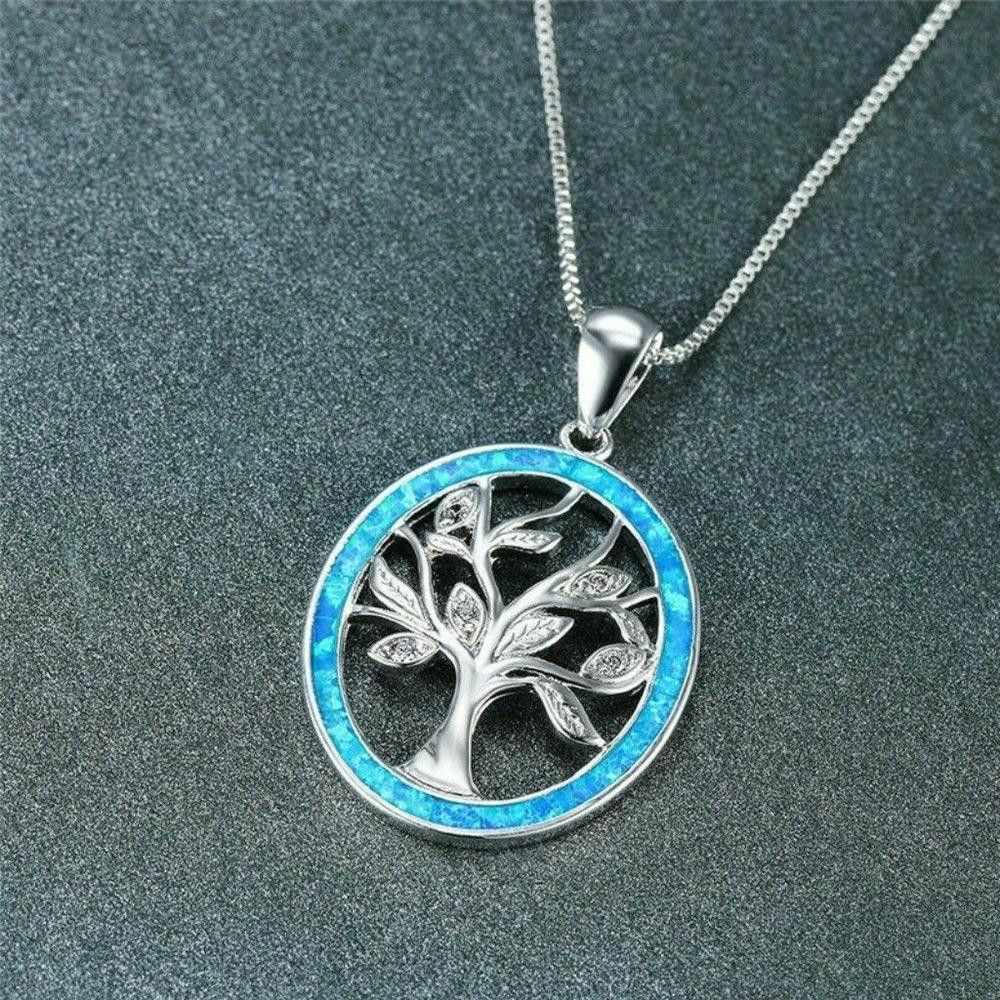 Designer Round Blue Opal Tree Of Life Silver Necklace Size ONE SIZE - 2 Thumbnail