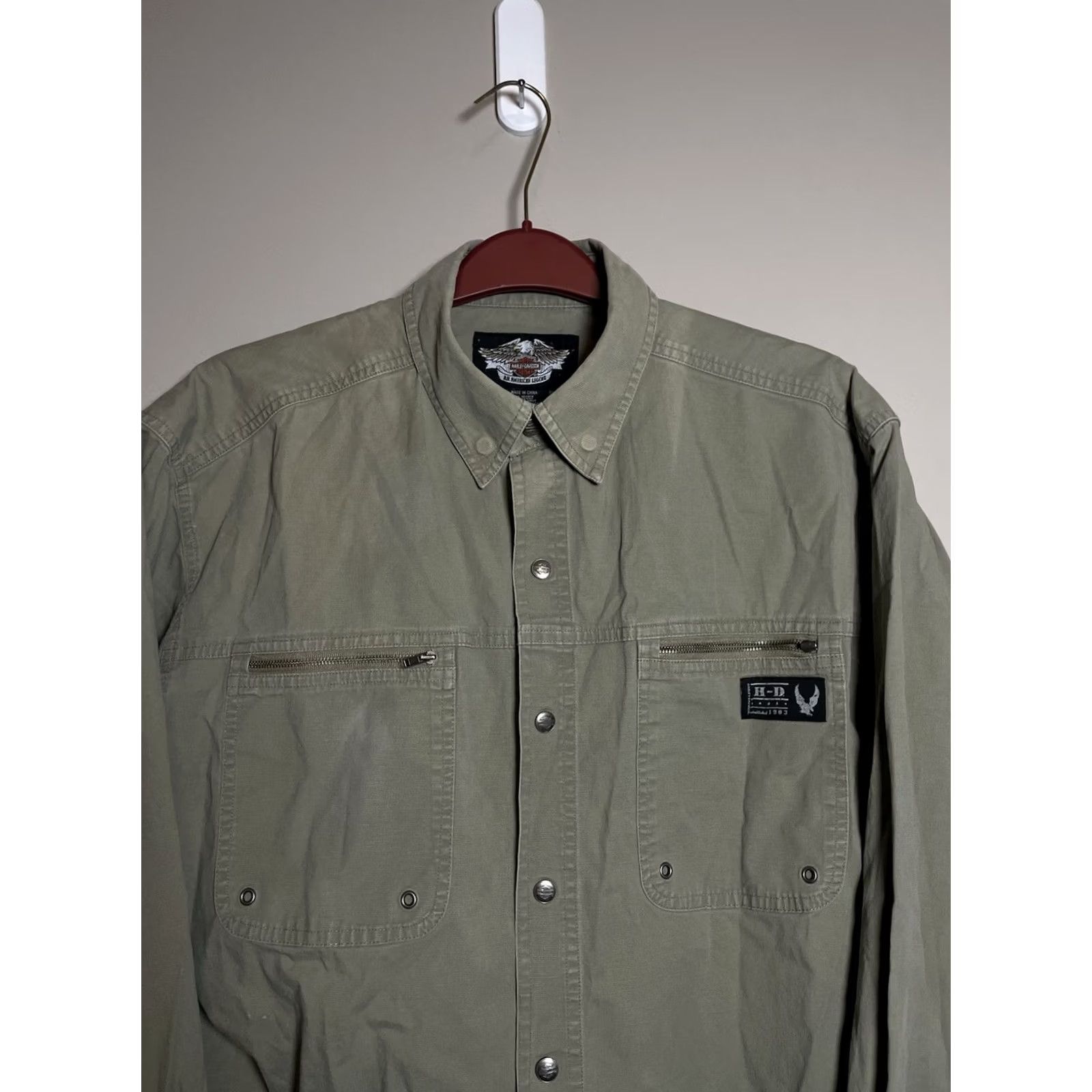 Harley Davidson Harley-Davidson Shirt Mens L Khaki Beige Long Sleeve Button-Up Biker Patch Logo Embroidered Cotton Brown Size US L / EU 52-54 / 3 - 2 Thumbnail