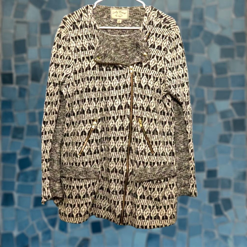 Lucky Brand Lucky Brand Long Black/White Knit Full Zip Moto Jacket Womens XL Size XL / US 12-14 / IT 48-50 - 1 Thumbnail
