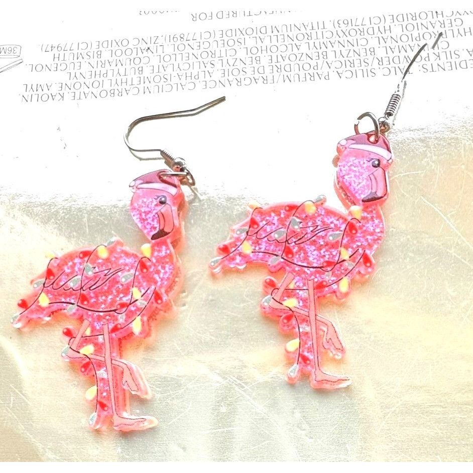 Handmade Christmas Flamingo Earrings New Santa Hat Holiday Lights Gli Size ONE SIZE - 2 Thumbnail