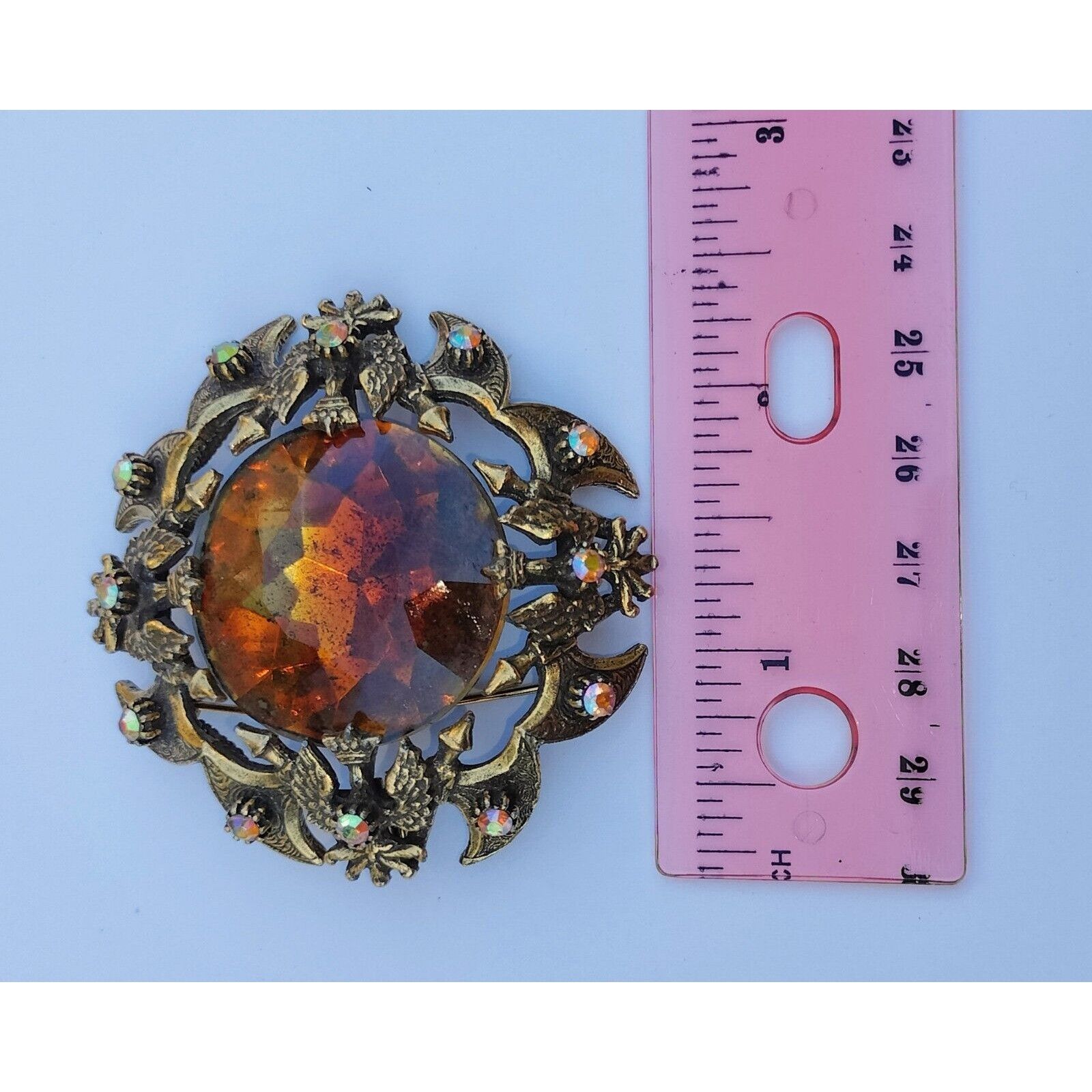 Vintage Florenza Brooch Cognac Faceted Glass AB Stones Coat Arms Pen Size ONE SIZE - 2 Thumbnail