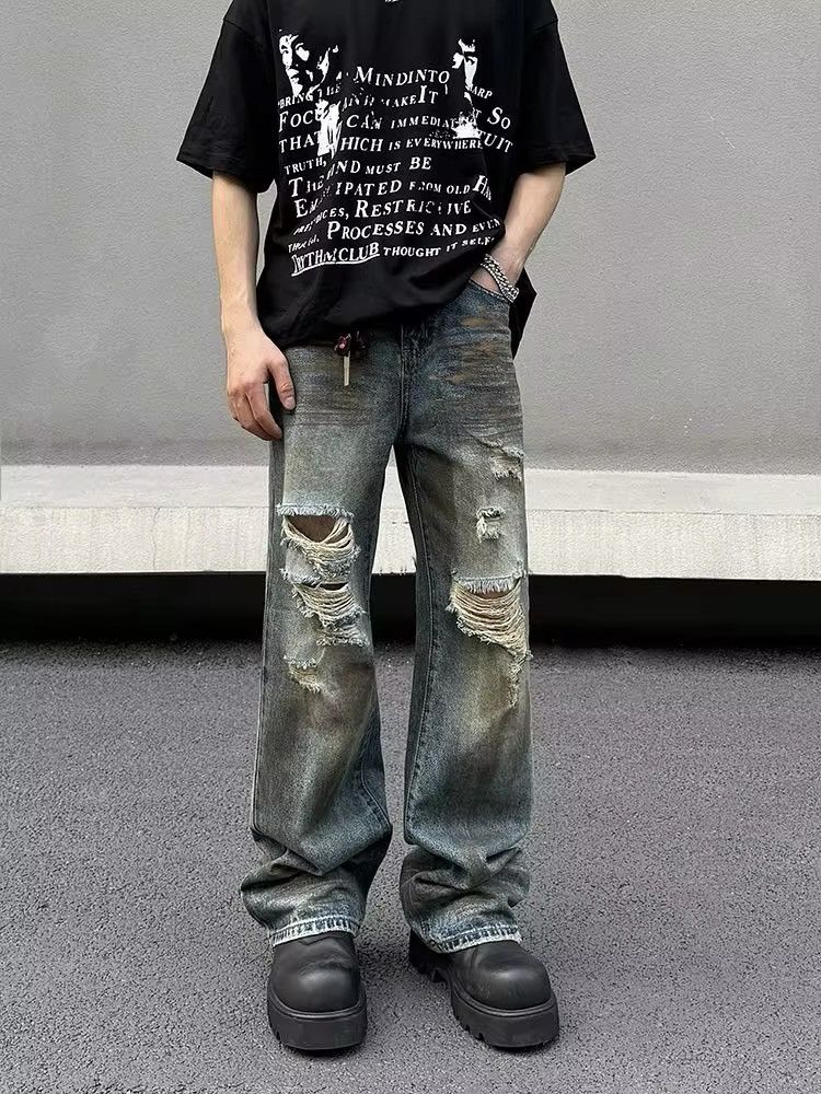 Jean Vintage Dirty Blue Distressed Hole Jeans Unisex Size US 33 - 3 Thumbnail