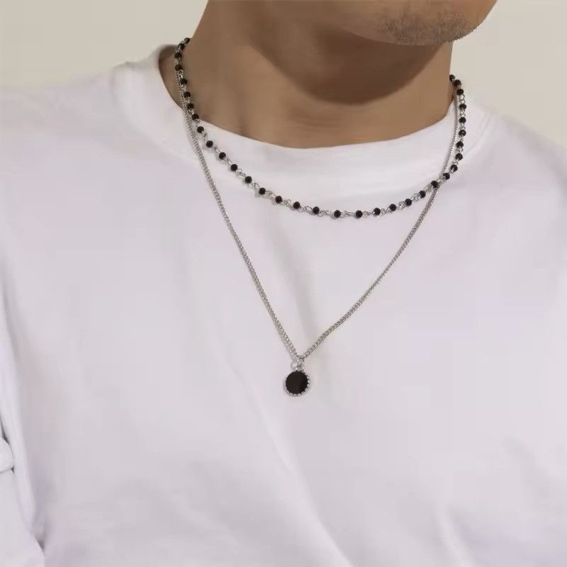 Jewelry Double Layer Black Rhinestone Pendant Silver Necklace Size ONE SIZE - 2 Thumbnail