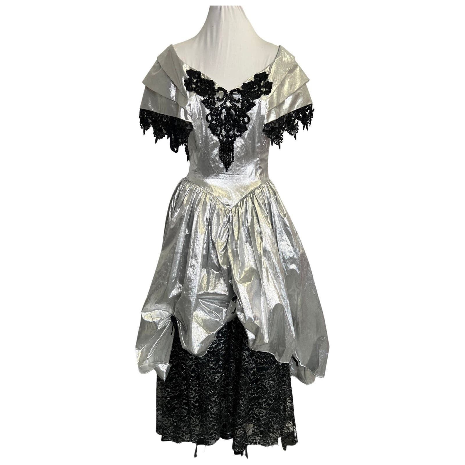 image of Vintage 1980S Silver Metallic Lamé And Black Lace Gown Small, Women's