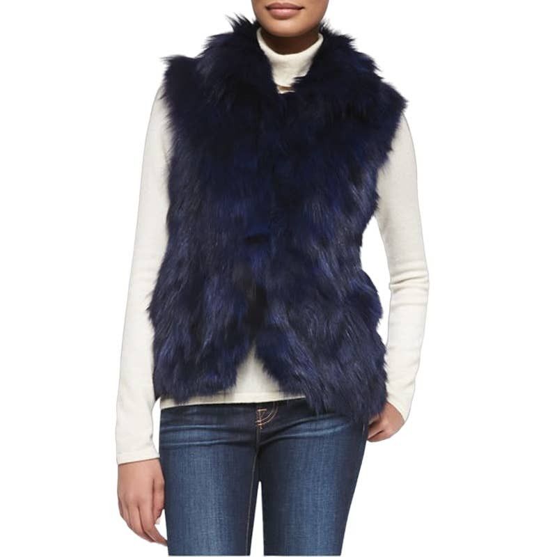 image of Adrienne Landau Collar Real Fur Rabbit Dyed Vest Jacket Blue, Women's (Size Small)