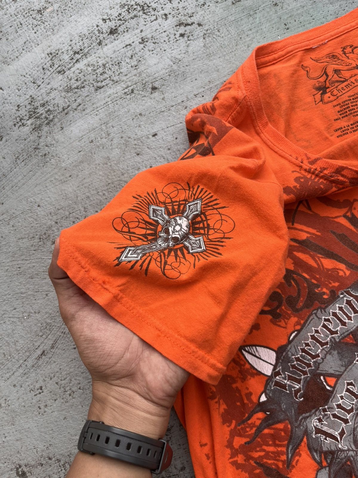 Beauty Beast JAPANESE Y2K AFFLICATION SKULL CROSS FULL PRINT ORANGE TEE Size US M / EU 48-50 / 2 - 3 Thumbnail