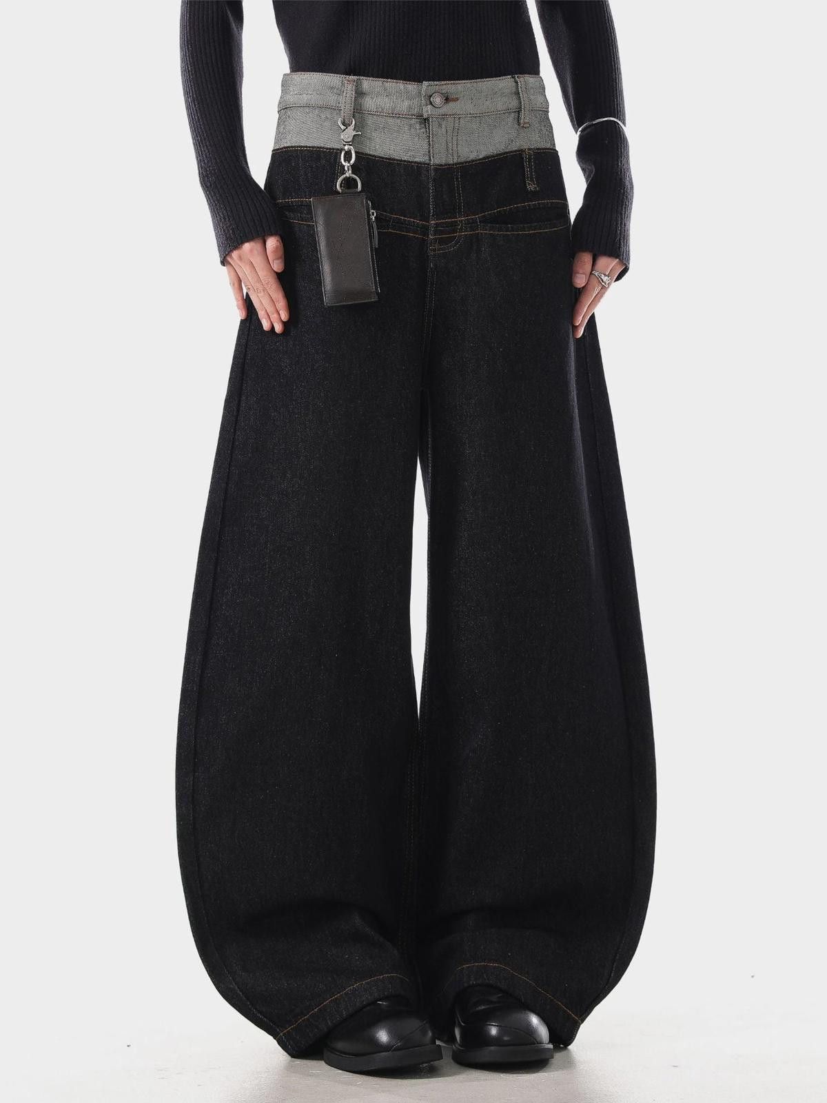 Japanese Brand Black Wide Leg Denim Jeans, Baggy Barrel Leg Jeans Size US 32 / EU 48 - 1 Thumbnail