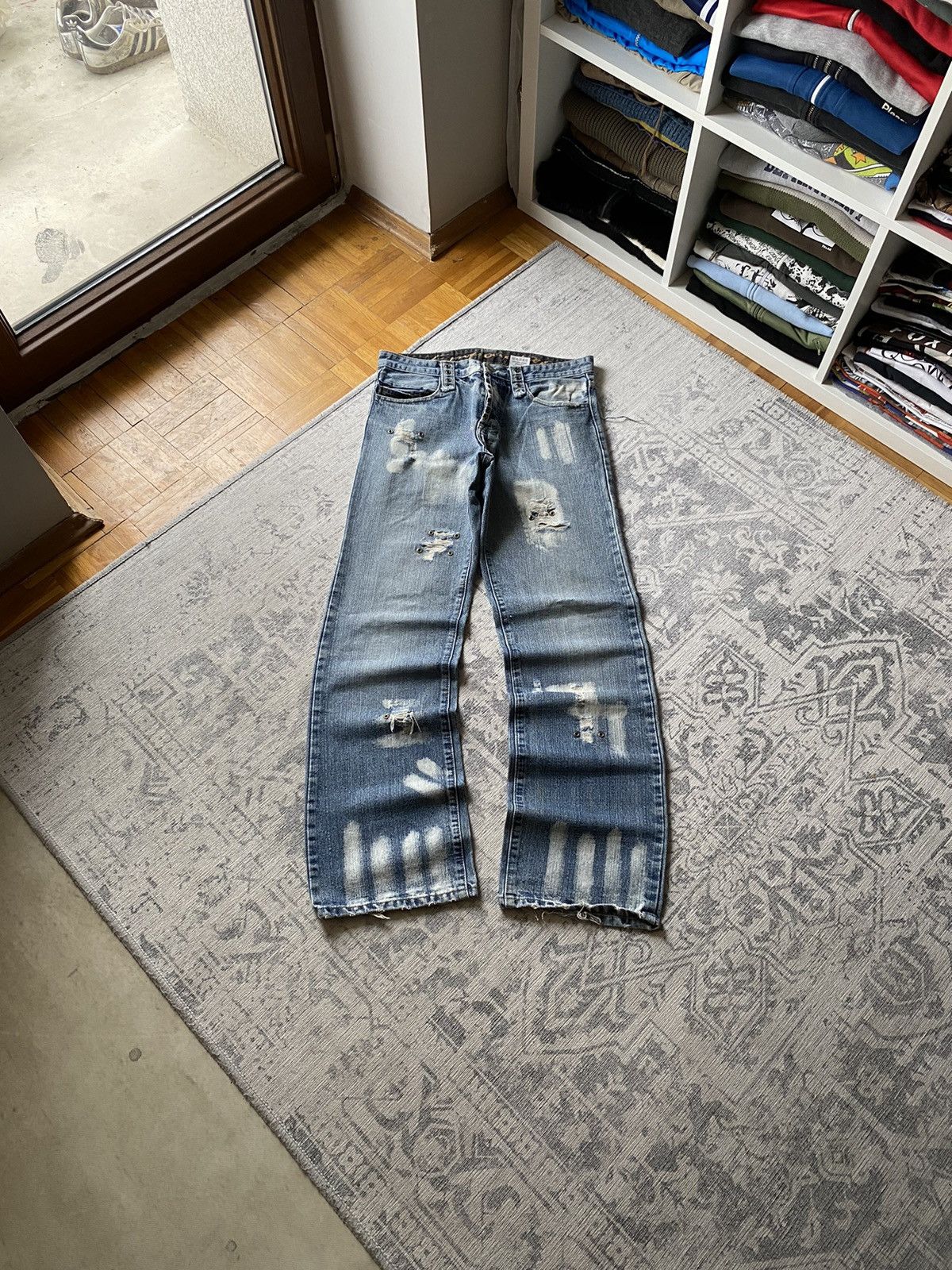 Pre-owned Hysteric Glamour X If Six Was Nine Distressed Vintage Faded Ripped Wide Flared Denim Jeans Y2k