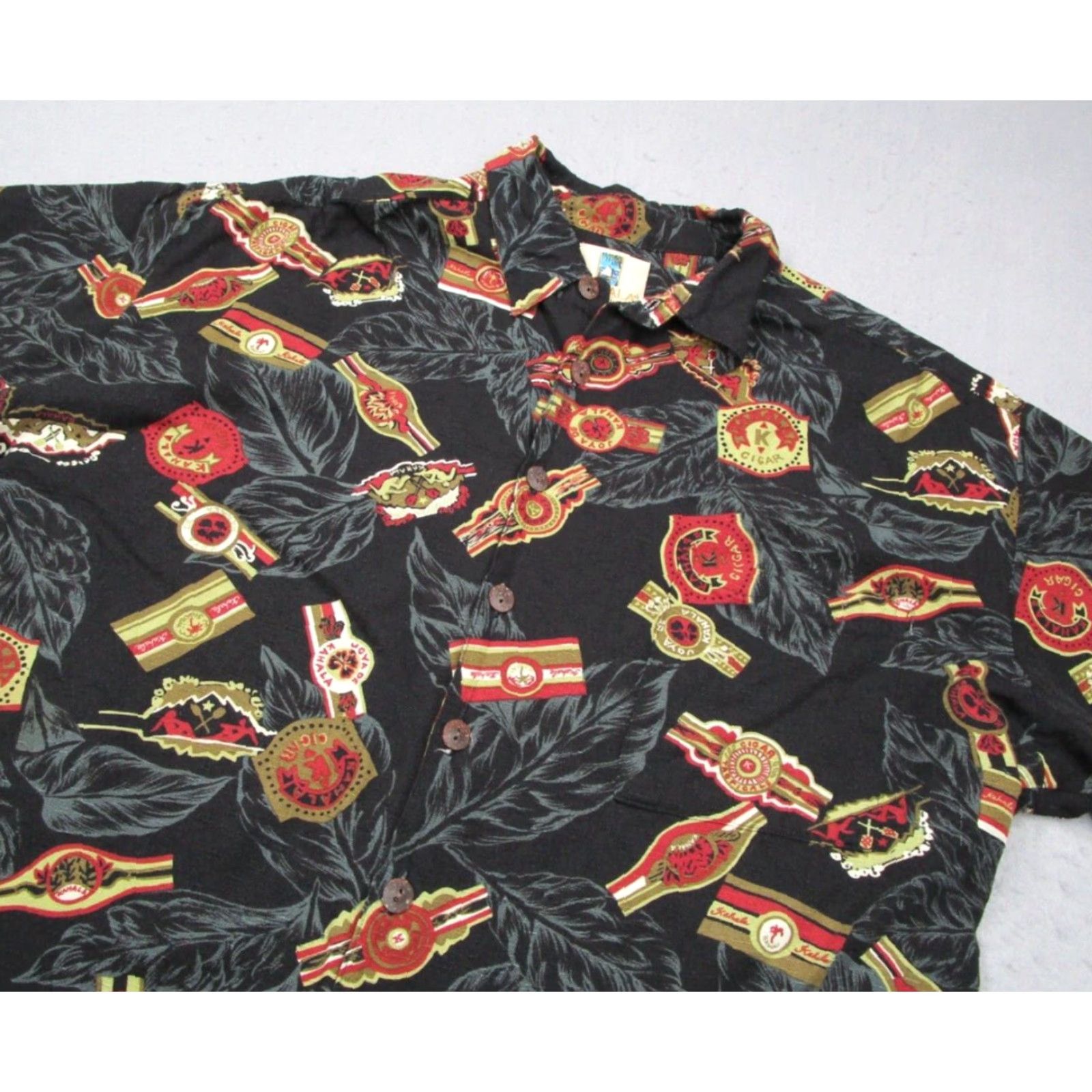 ALOHAS Kahala Men's Black Short Sleeve Button-Up Shirt Geometric Hawaiian Retro Cigar Band Rayon Kahala Shirt Adult Large Mens Size US L / EU 52-54 / 3 - 2 Thumbnail