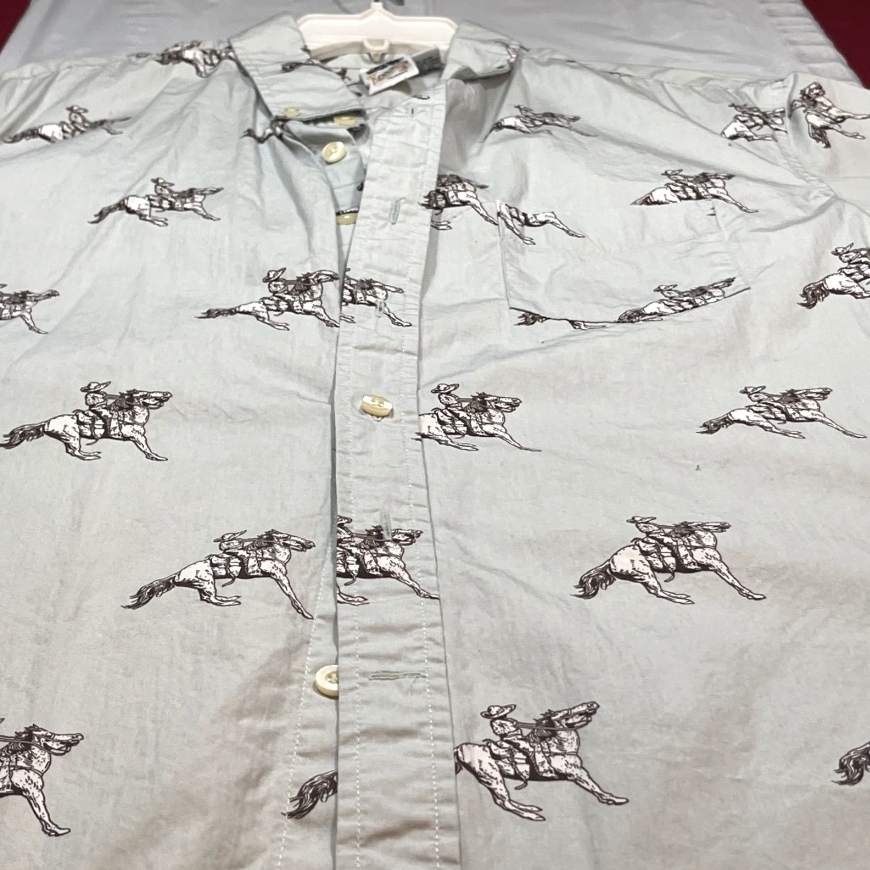 Vintage Kennington Shirt Men’s 2XL Short Sleeve Button-Up Western COWBOY HORSE Cotton 2X Very Light Green Retro 90s Beach Outdoor Pockets Mens Size US XXL / EU 58 / 5 - 6 Thumbnail