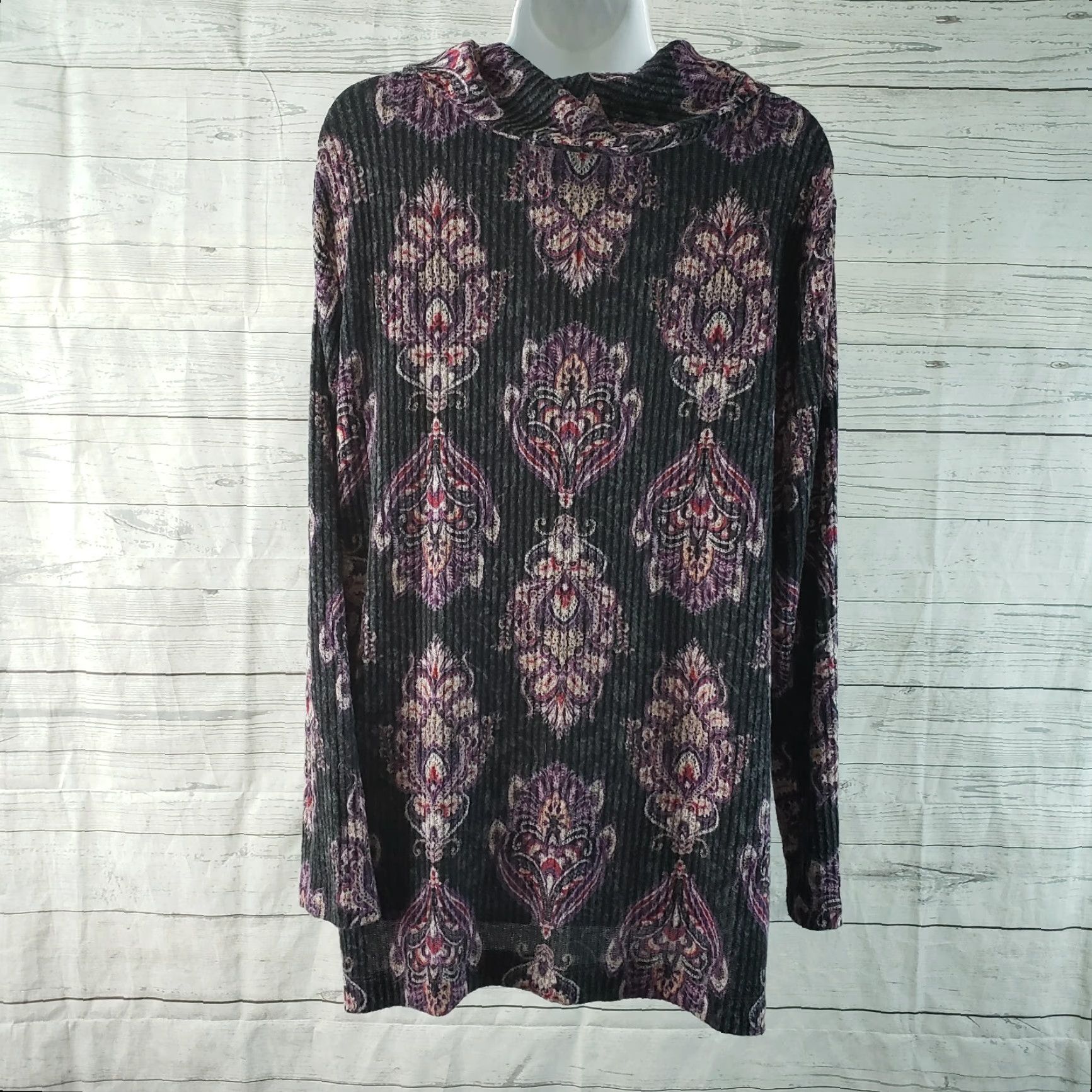 Vintage Chicos Zenergy Womens Blouse Shirt long sleeve L Gray Purple Ribbed Cowl Neck Pullover Size L / US 10 / IT 46 - 4 Thumbnail