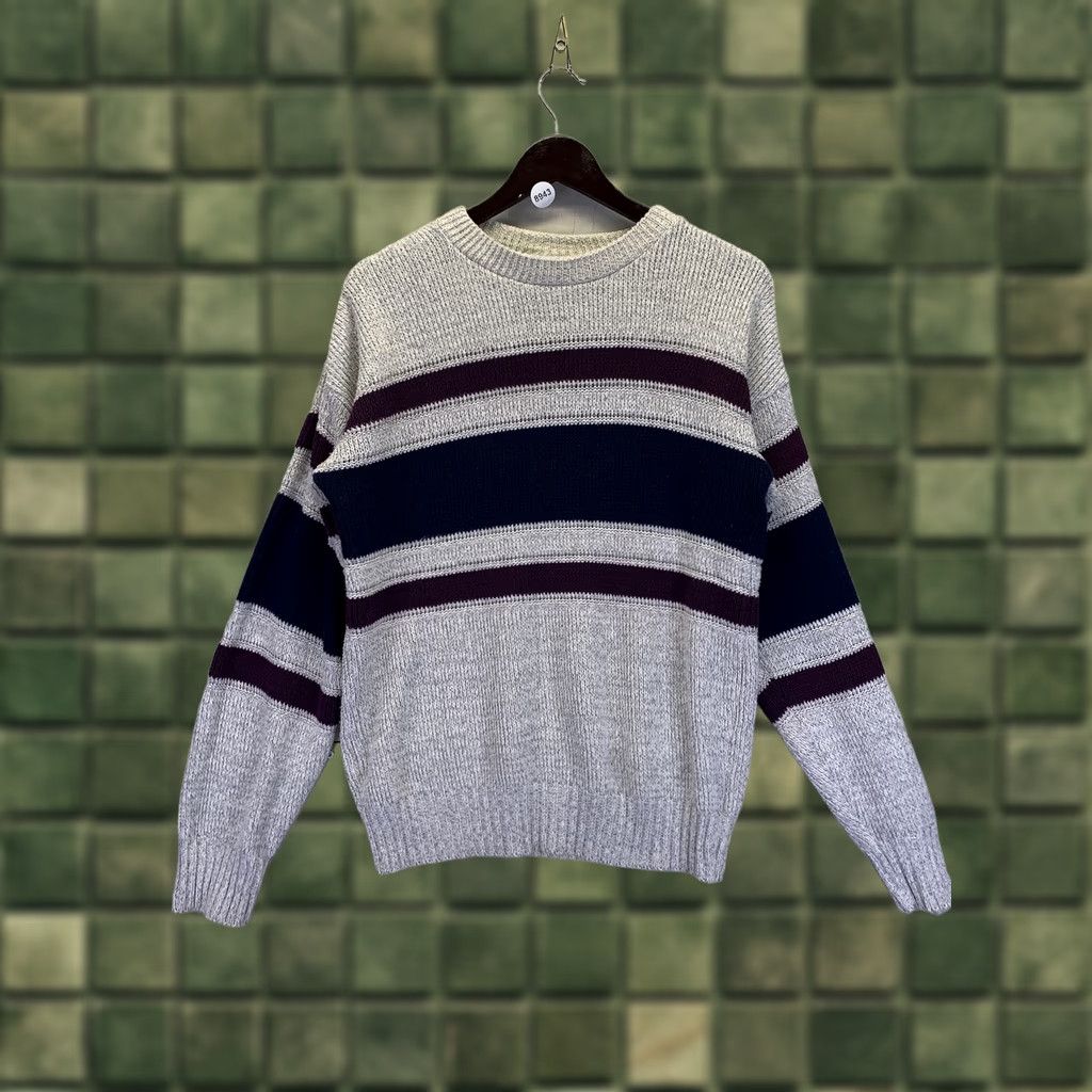 Vintage VINTAGE Ruffian Striped Knit Cotton Pullover Sweater M Mens 90s Oatmeal Navy Plum purple Hash 90s theme Size US M / EU 48-50 / 2 - 1 Thumbnail